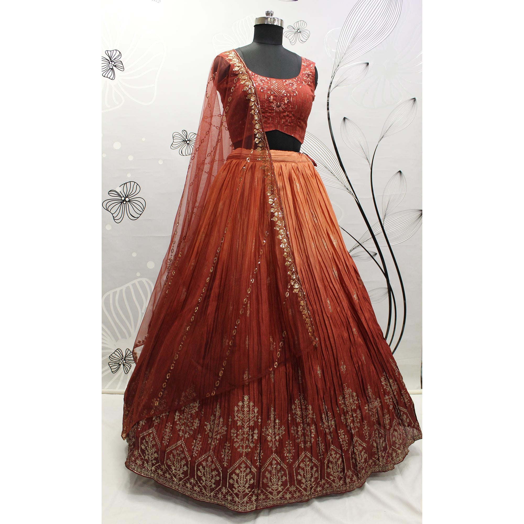 Peach Foil Printed Chiffon Lehenga Choli