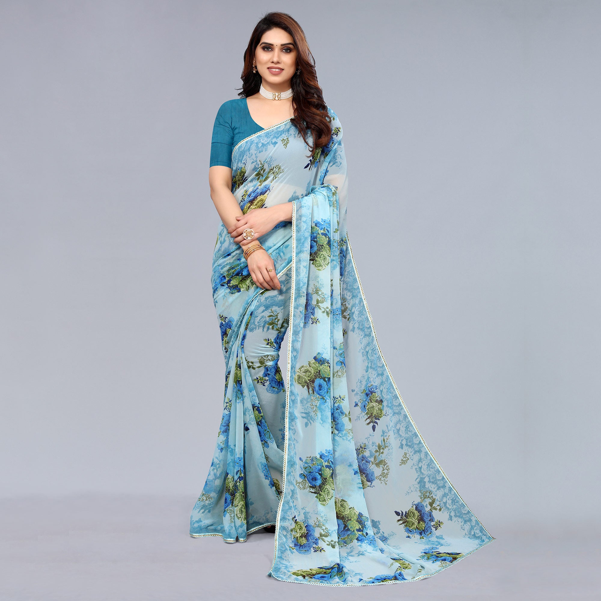 Sky Blue Floral Printed Georgette Saree
