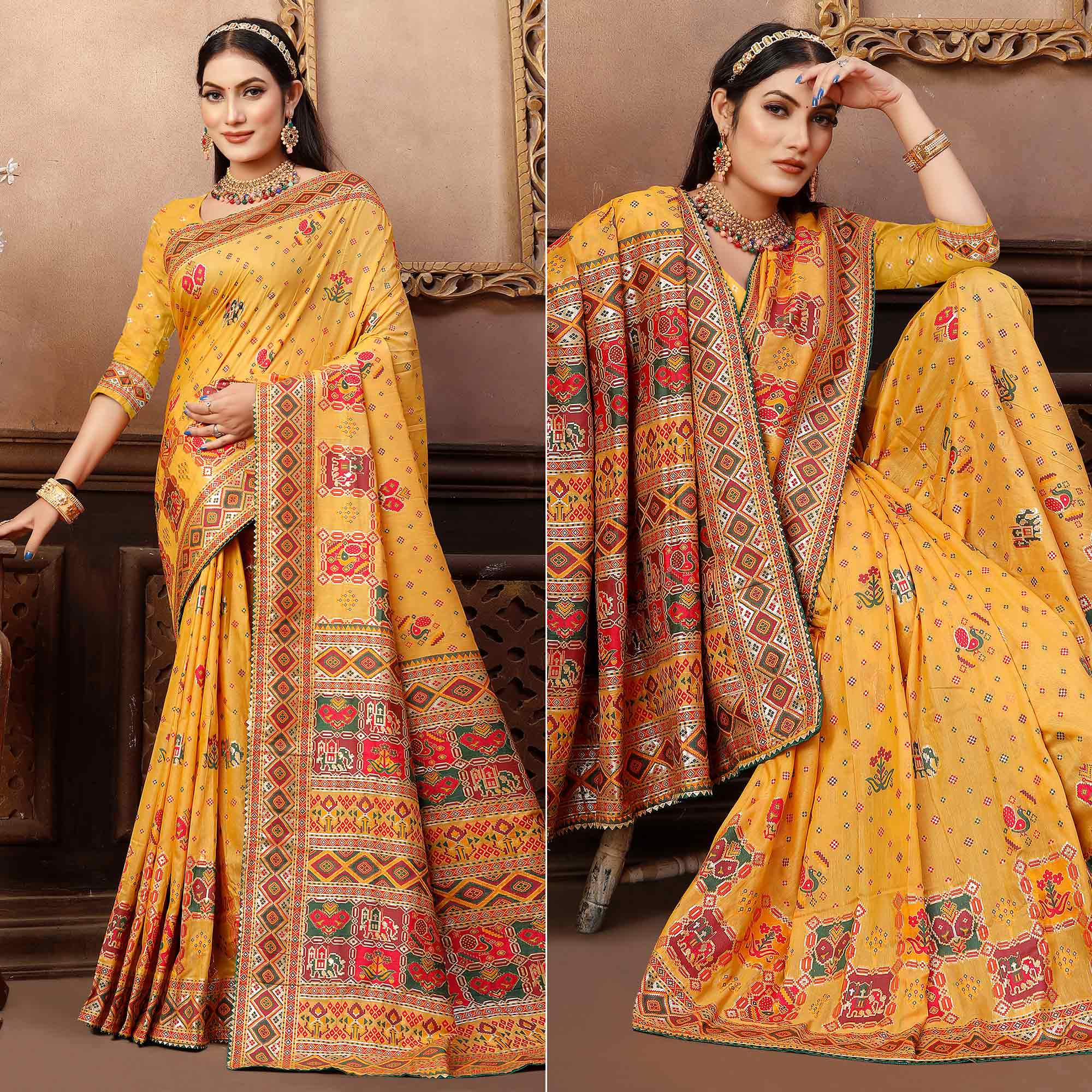 Yellow Woven With Gota Patti Work Pashmina Saree