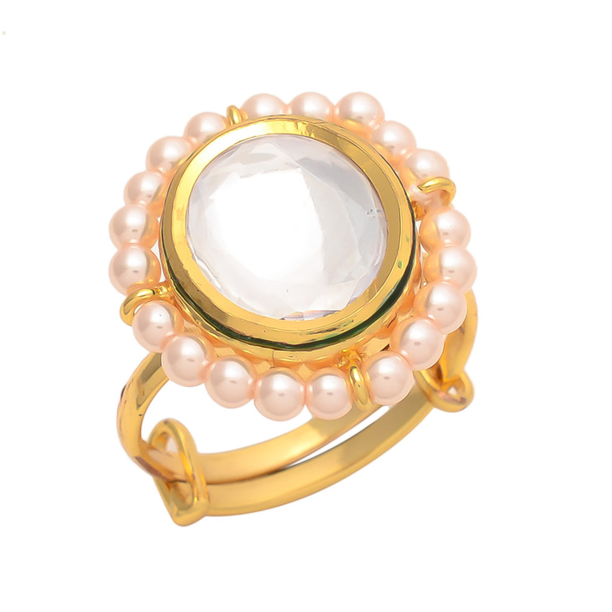 Gold Polish Kundan Meena Pearl Adjustable Ring
