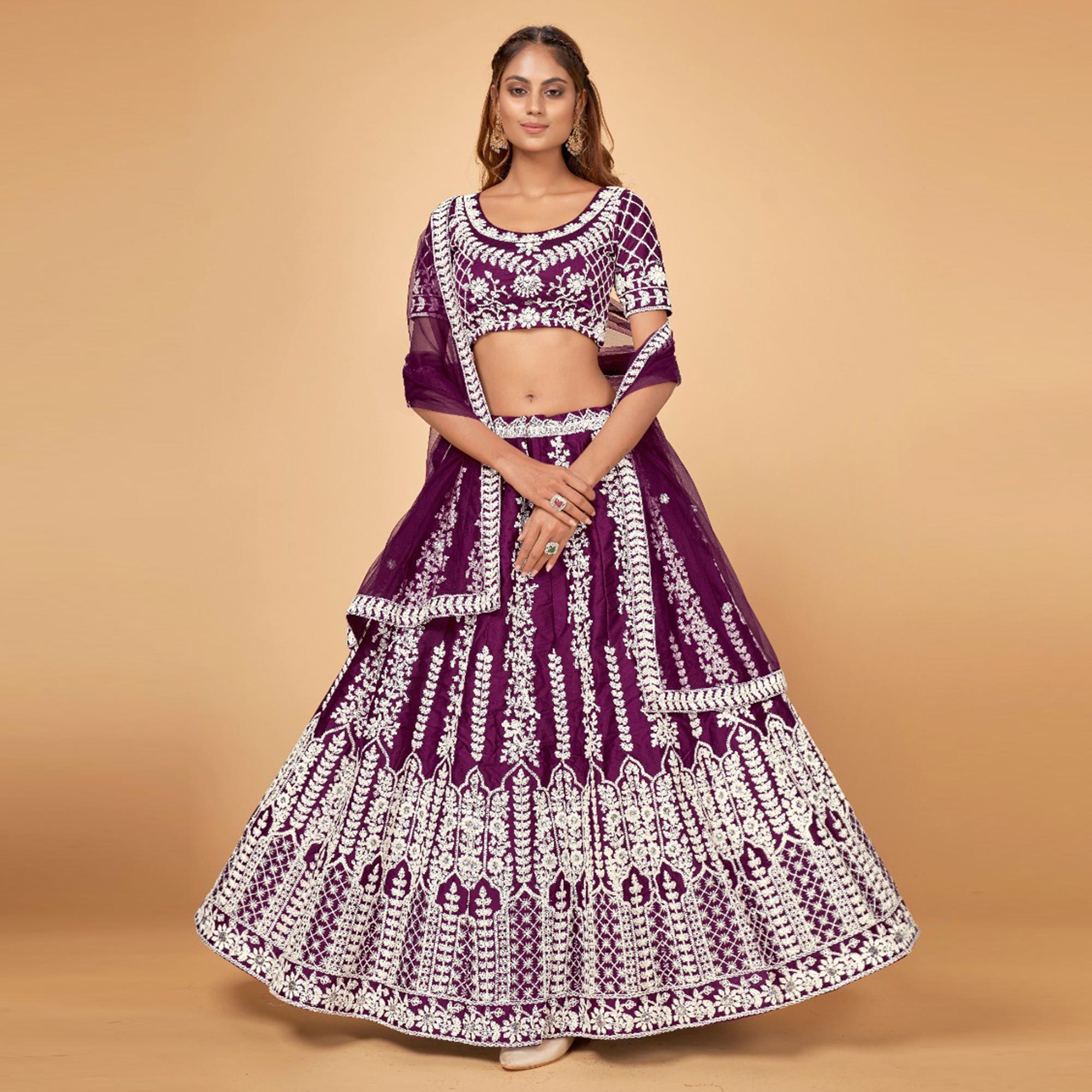 Purple Floral Embroidered Chiffon Lehenga Choli