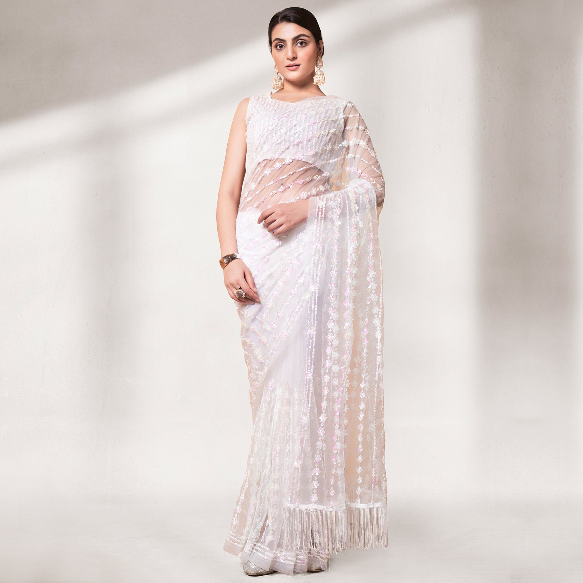 White Sequins Floral Embroidered Soft Net Saree