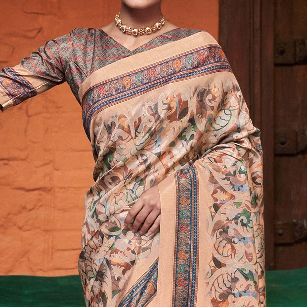 Cream Digital Printed Satin Saree