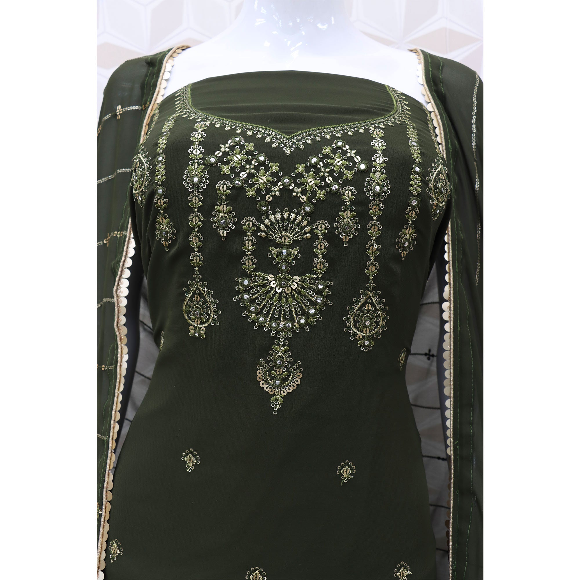 Mehndi Green Sequins Embroidered Georgette Sharara Suit