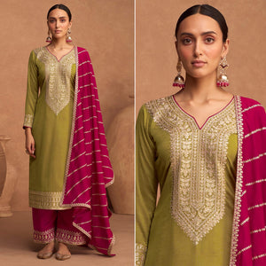 Green Floral Sequins Embroidered Art Silk Semi Stitched Suit