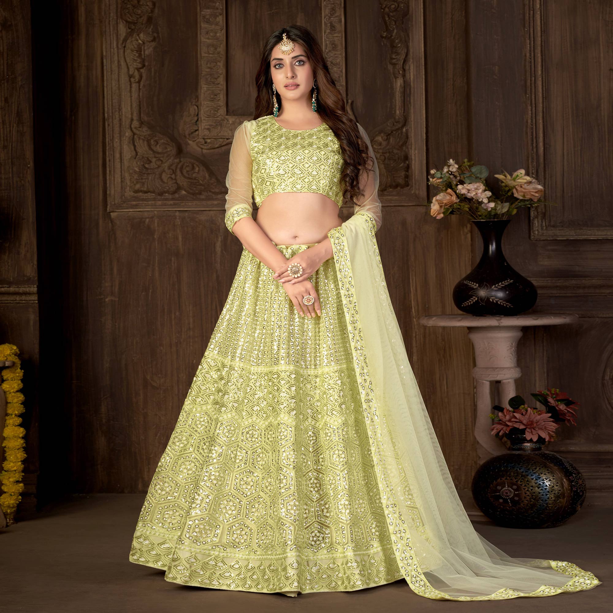Lemon Yellow Sequins Embroidered Netted Lehenga Choli