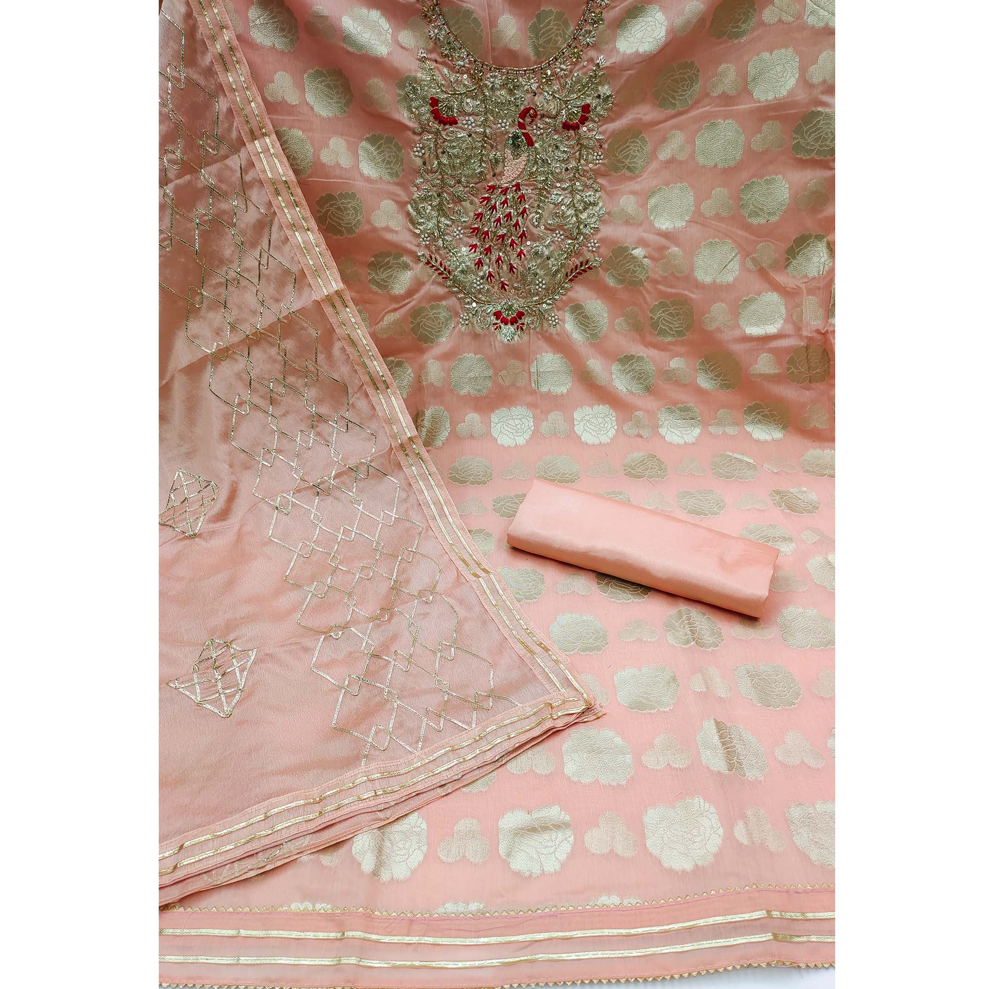 Peach Woven Banarasi Silk Dress Material