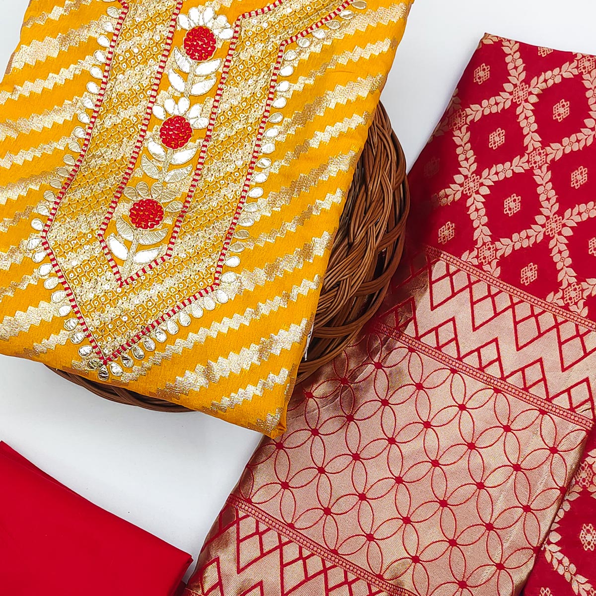 Yellow Woven Jacquard Dress Material