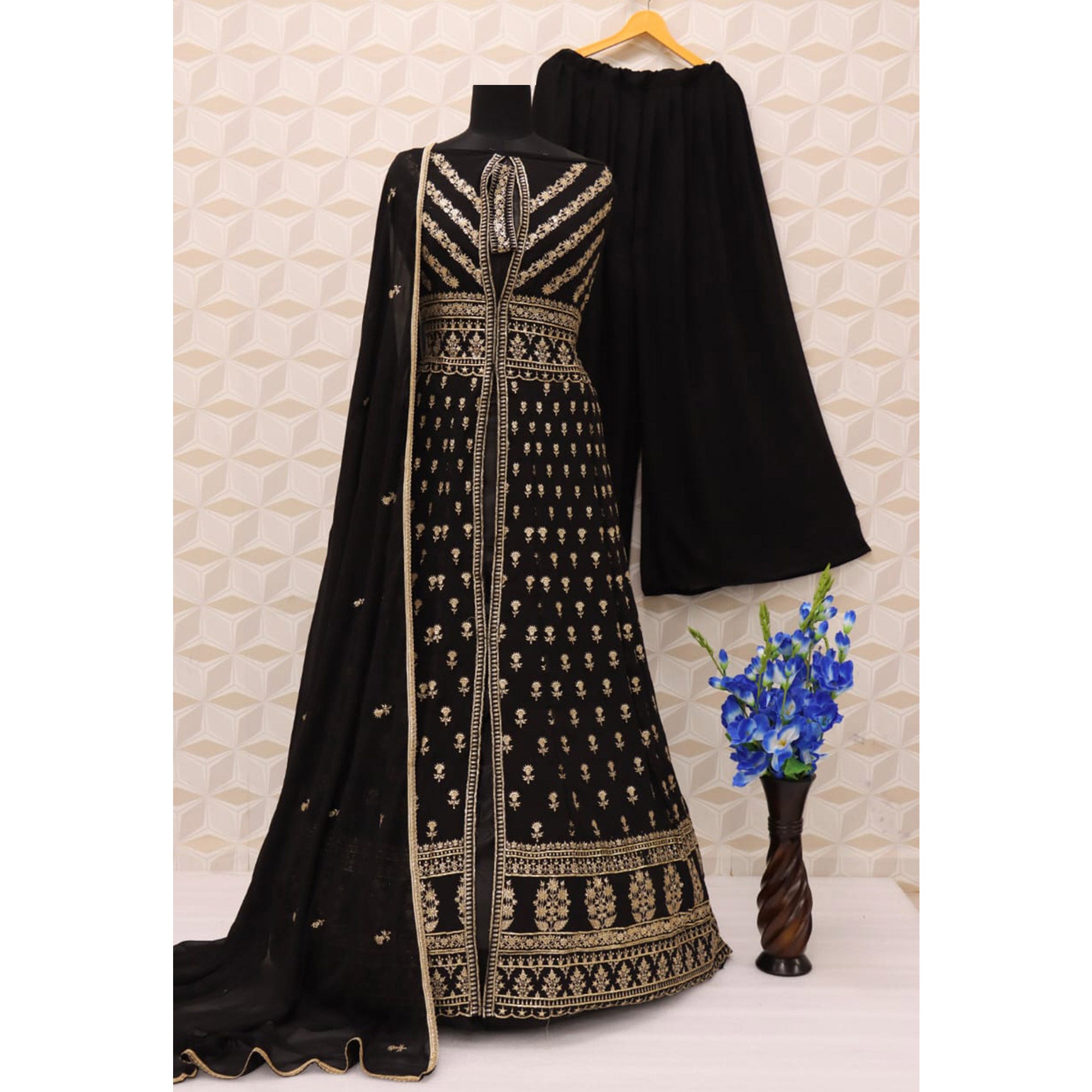Black Floral Embroidered Georgette Palazzo Suit
