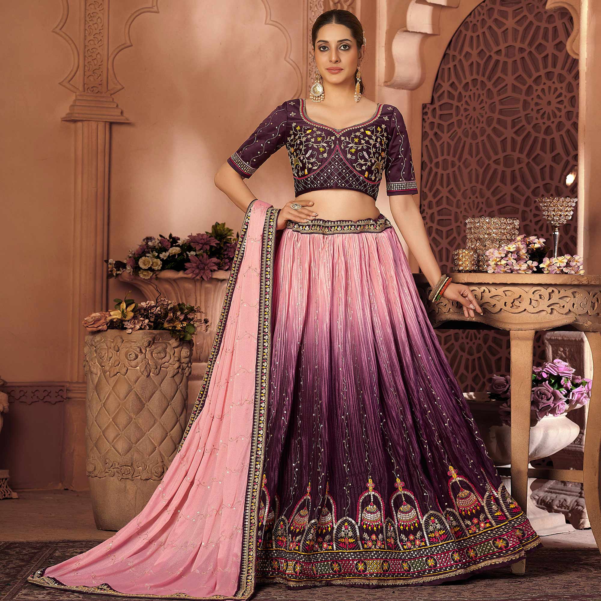 Wine & Pink Sequins Embroidered Chiffon Lehenga Choli