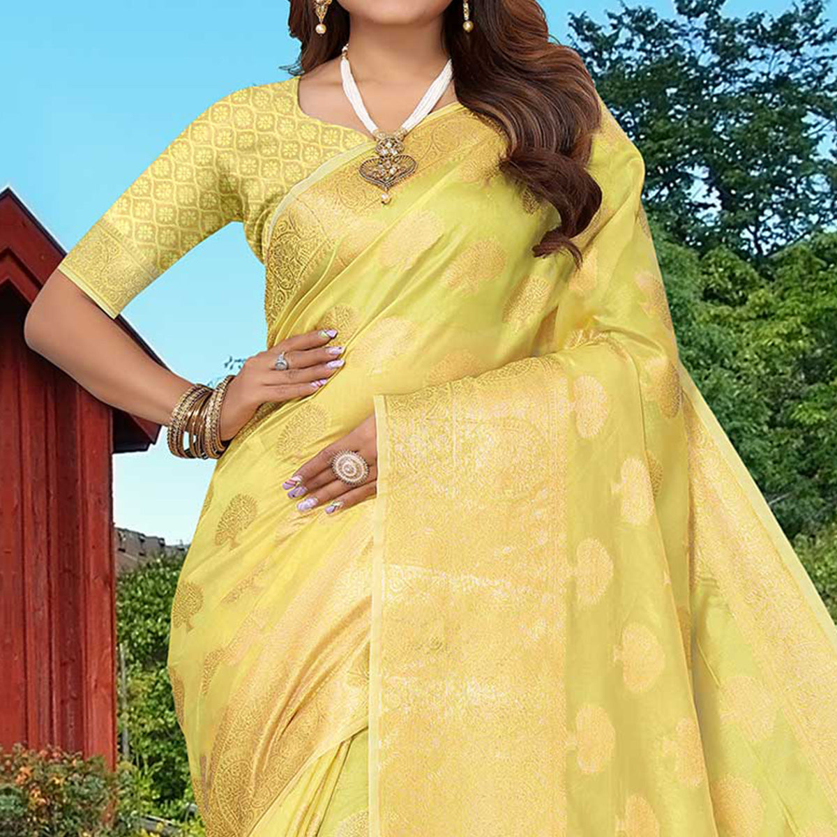 Lemon Yellow Woven Organza Saree