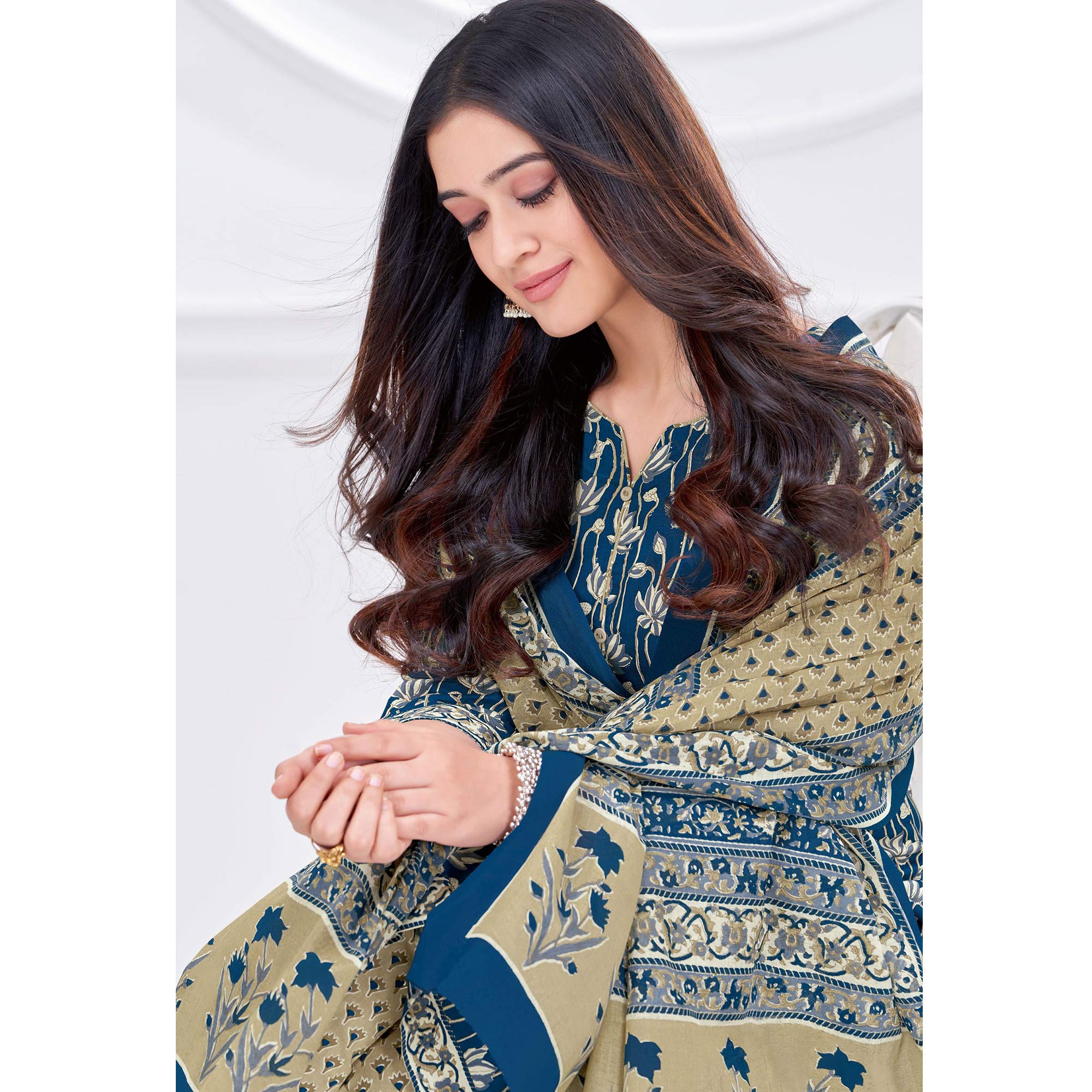 Blue Printed Pure Cotton Suit