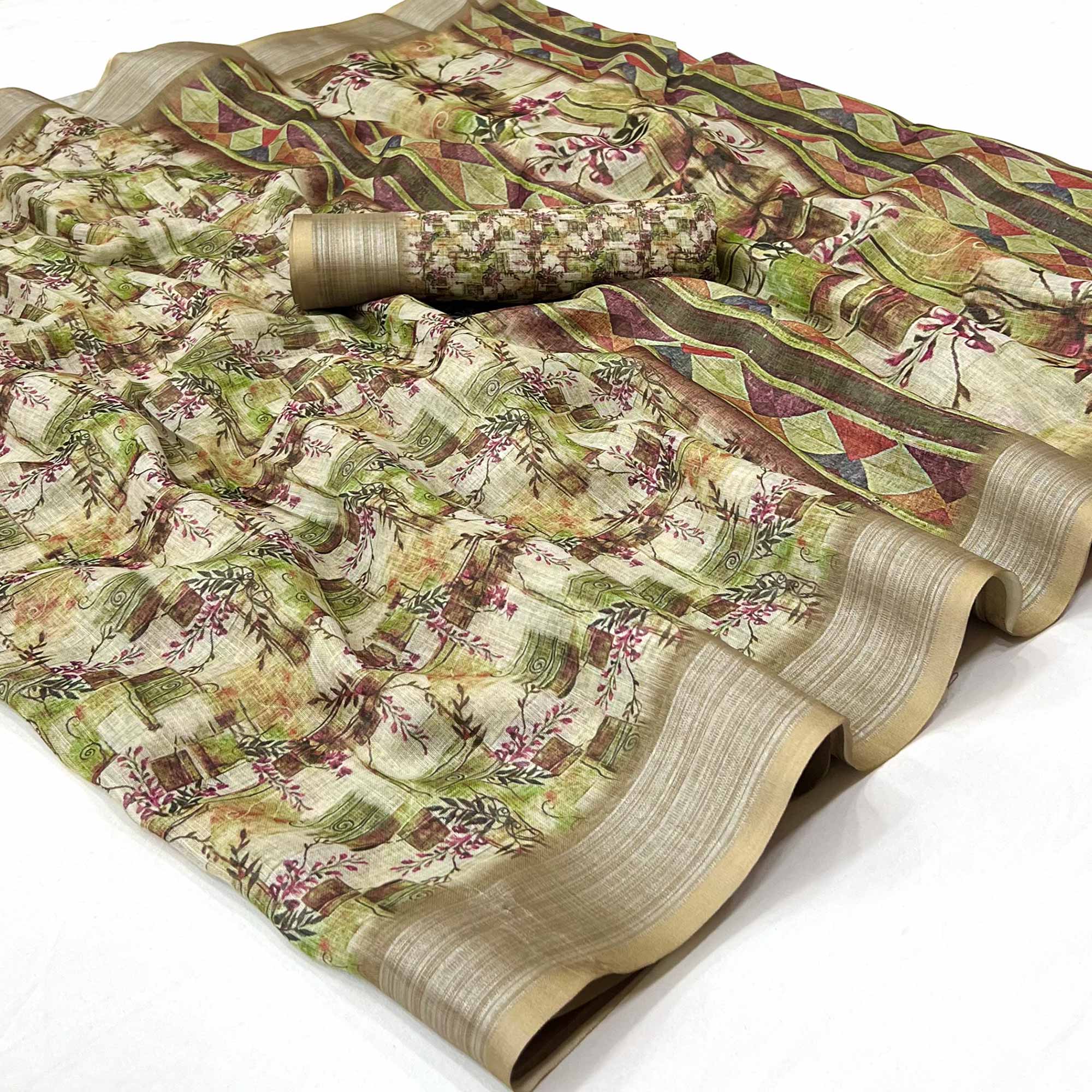 Green Digital Printed Linen Saree