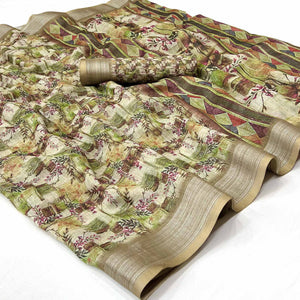 Green Digital Printed Linen Saree