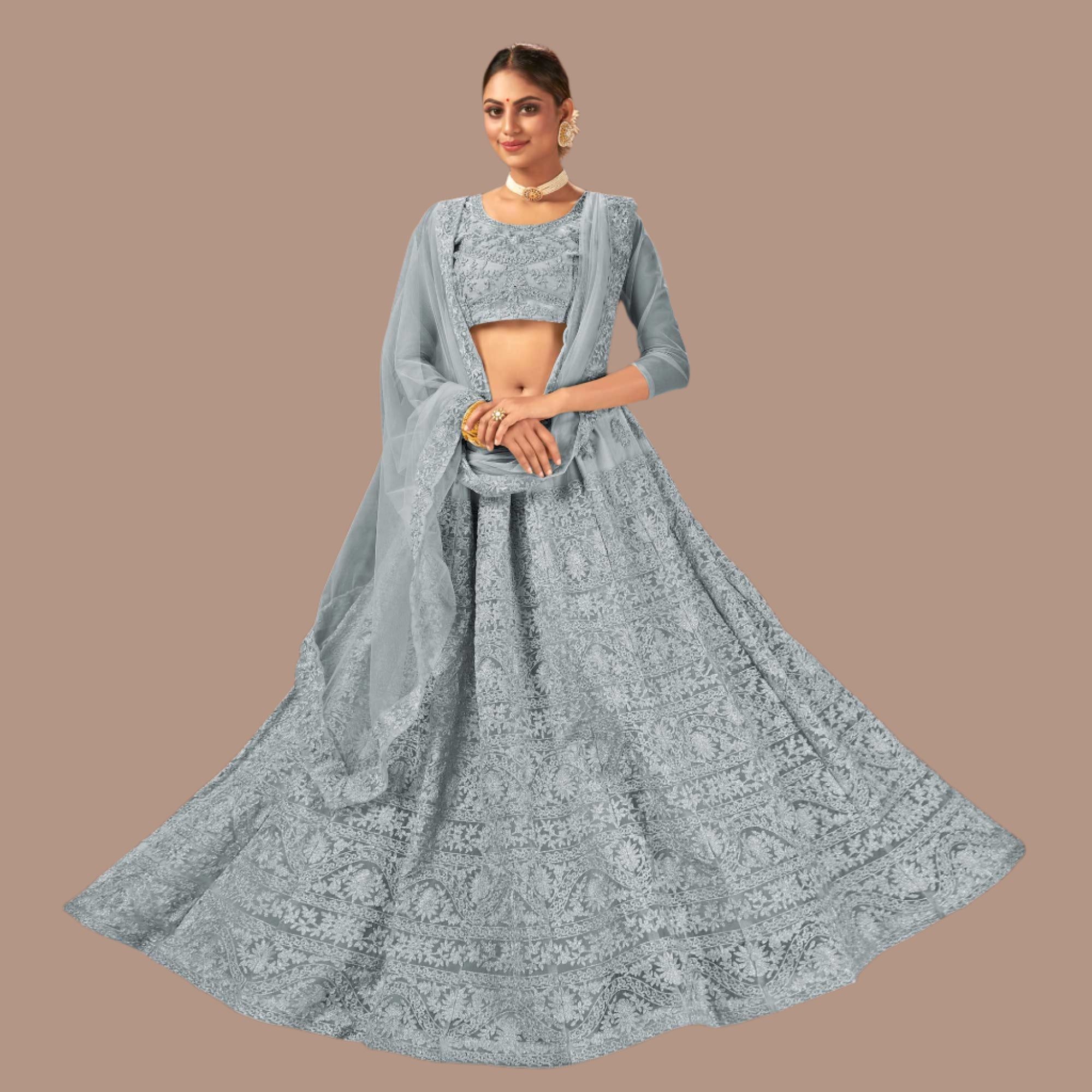 Grey Embroidered Netted Lehenga Choli