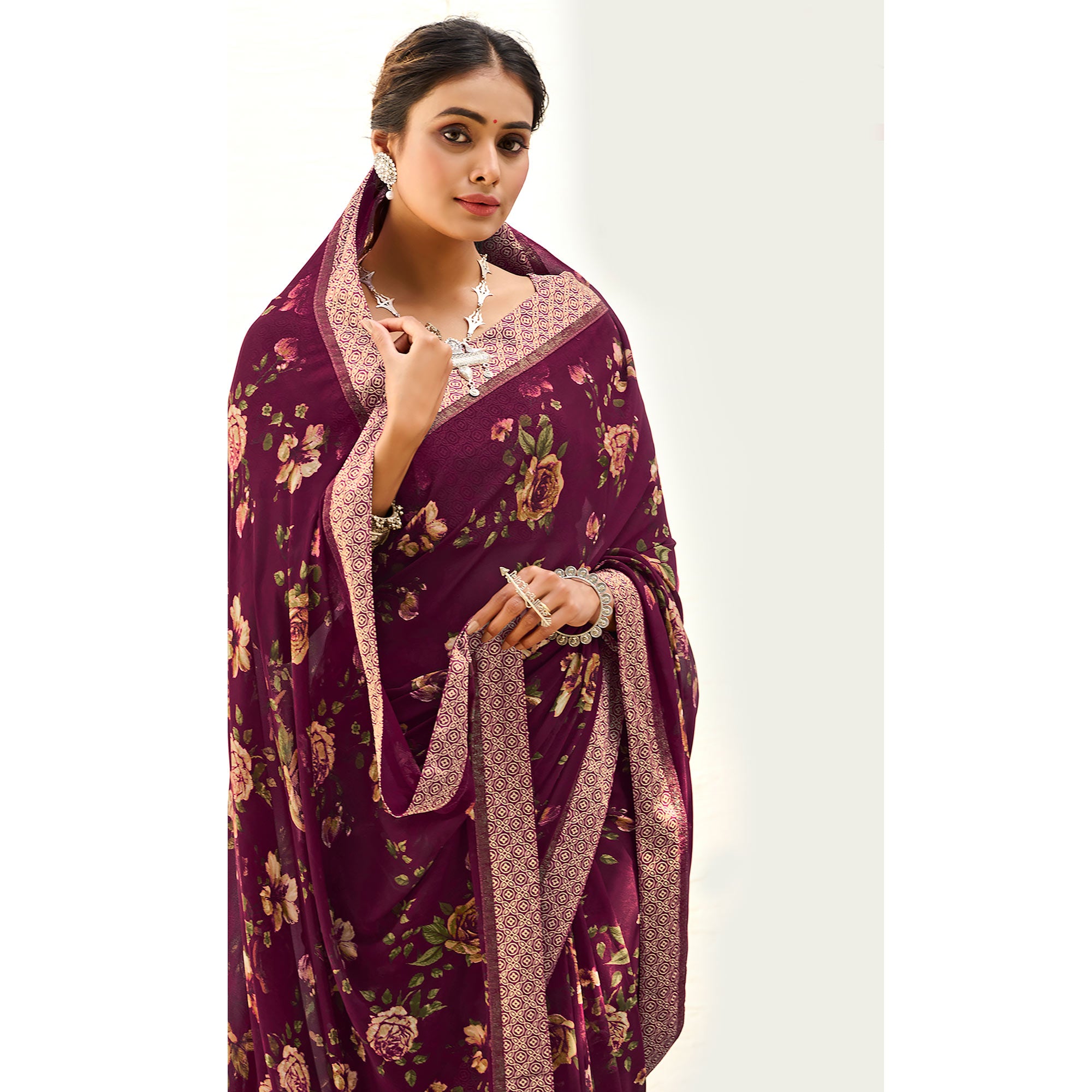 Purple Floral Printed Georgette Saree