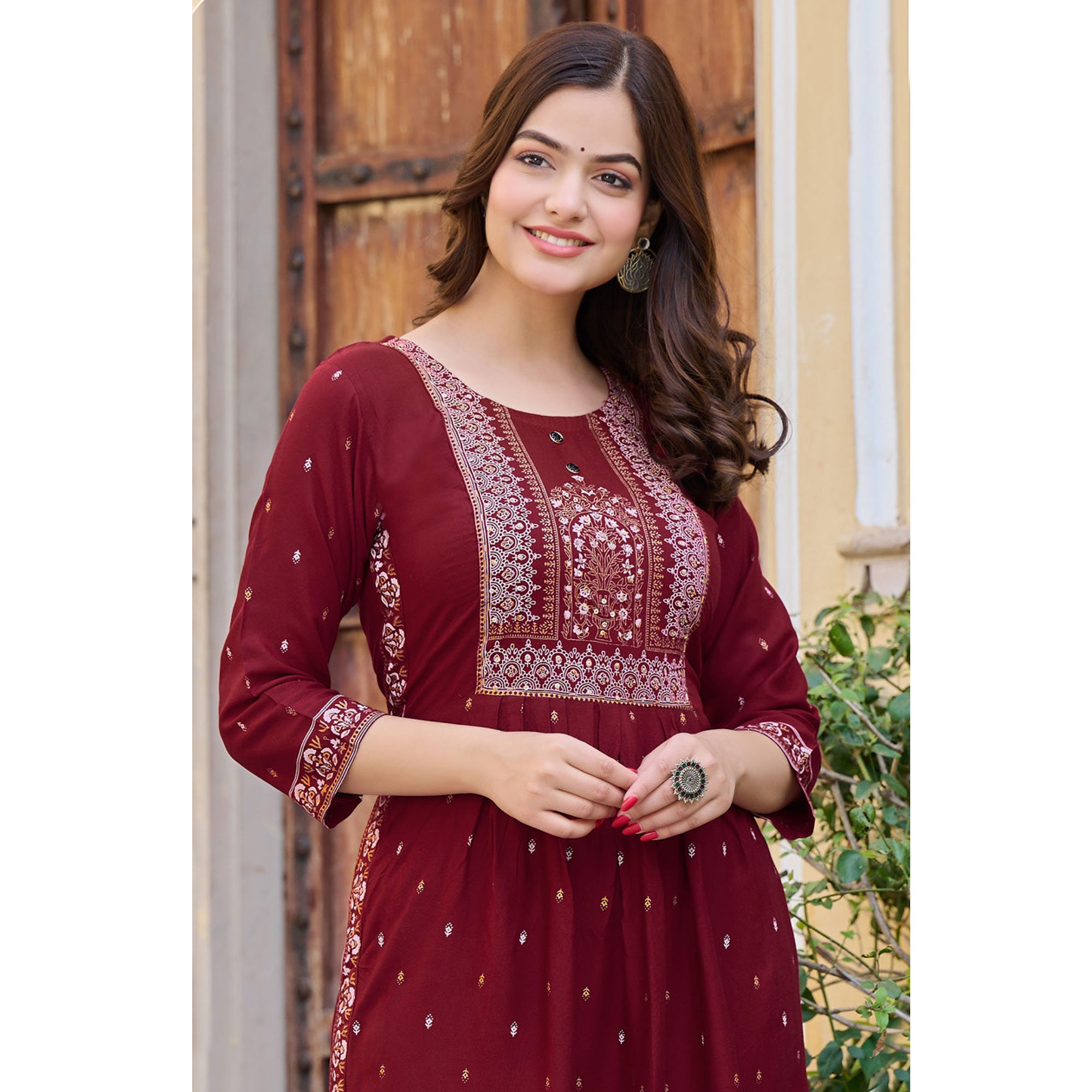 Maroon Printed Rayon Naira Cut Kurti