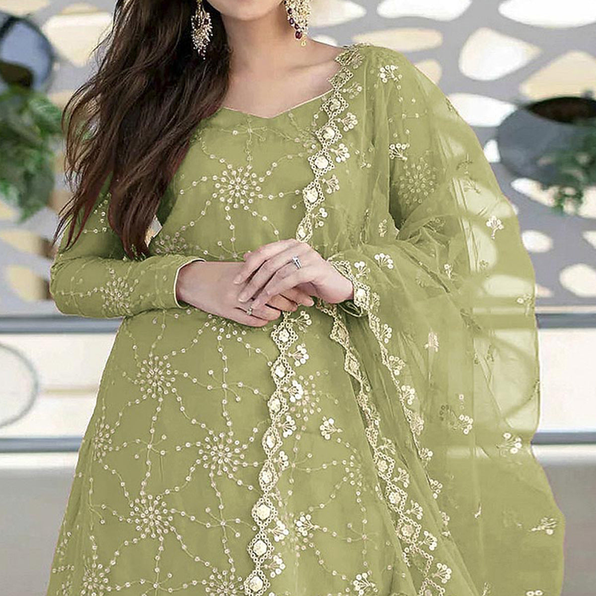Pista Green Sequins Embroidered Georgette Semi Stitched Gharara Style Suit