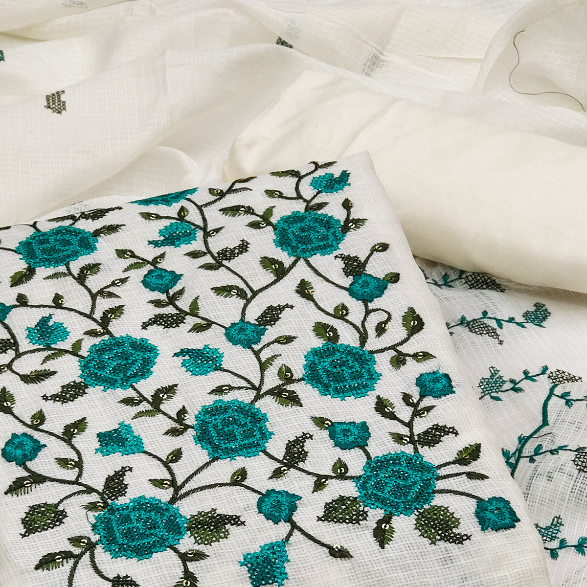 White Floral Sequins Embroidered Kota Doria Dress Material