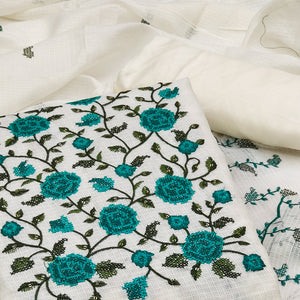 White Floral Sequins Embroidered Kota Doria Dress Material