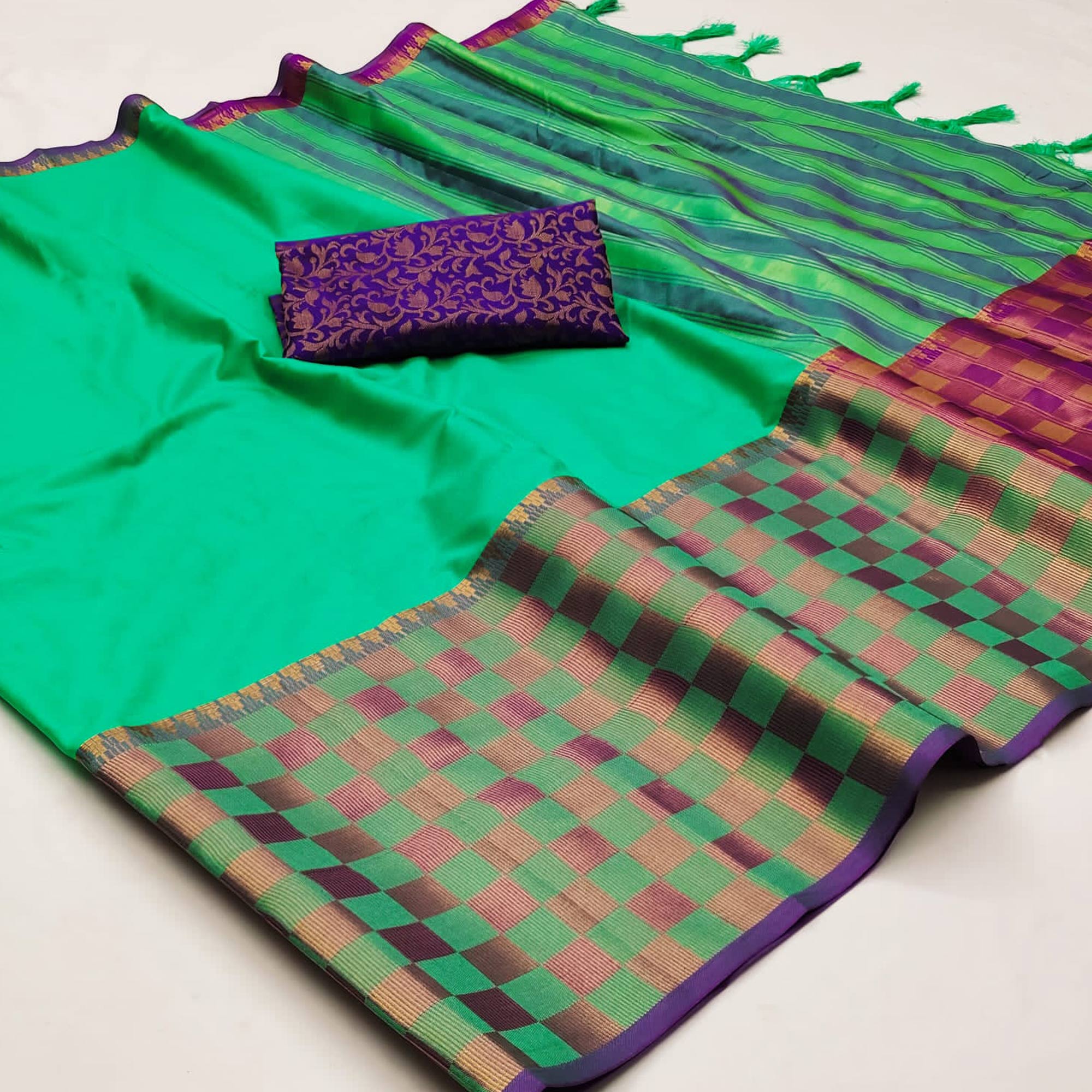 Turquoise Woven Cotton Silk Saree With Tassels