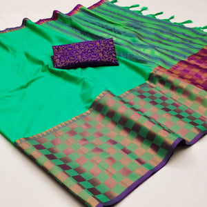 Turquoise Woven Cotton Silk Saree With Tassels