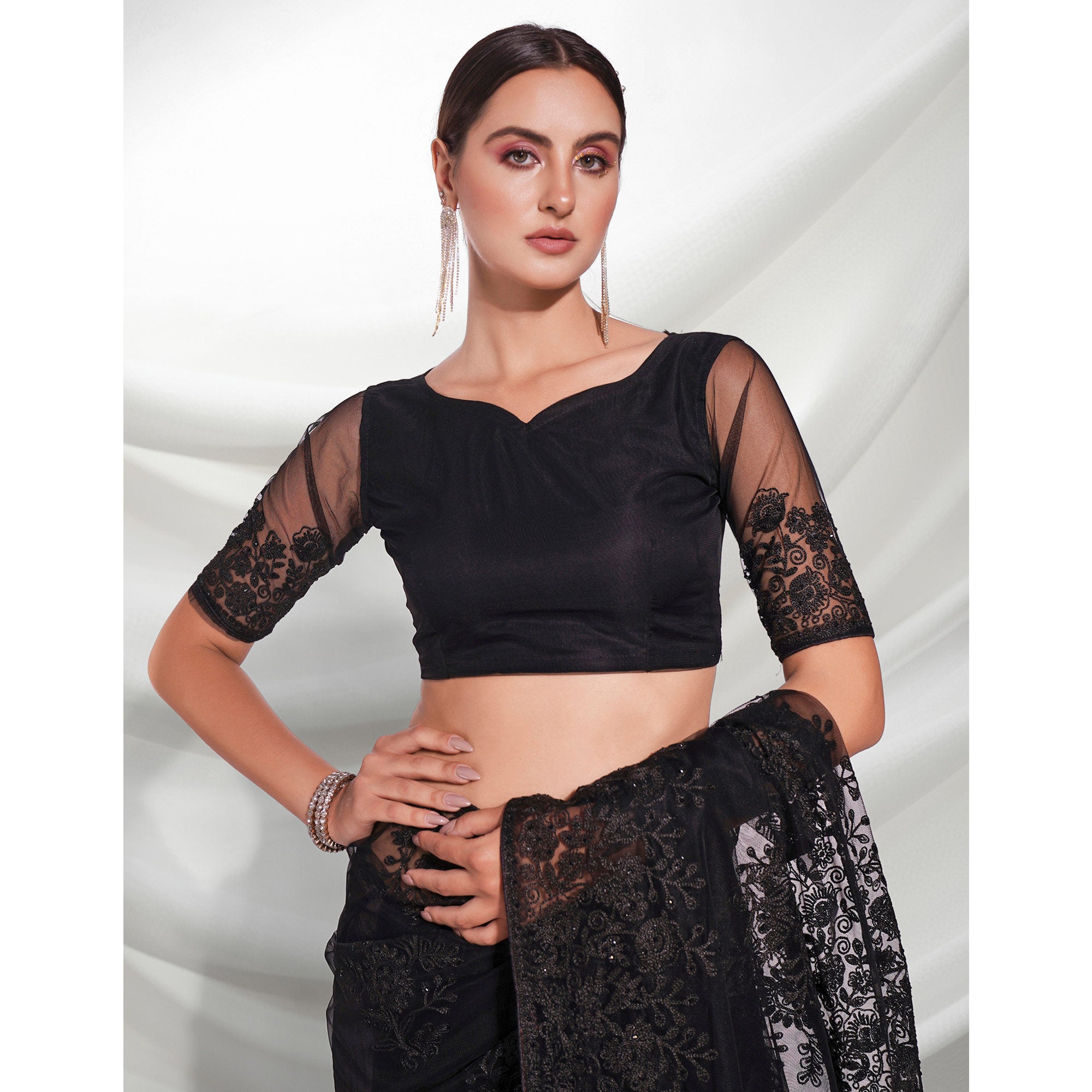 Black Floral Embroidered Net Saree