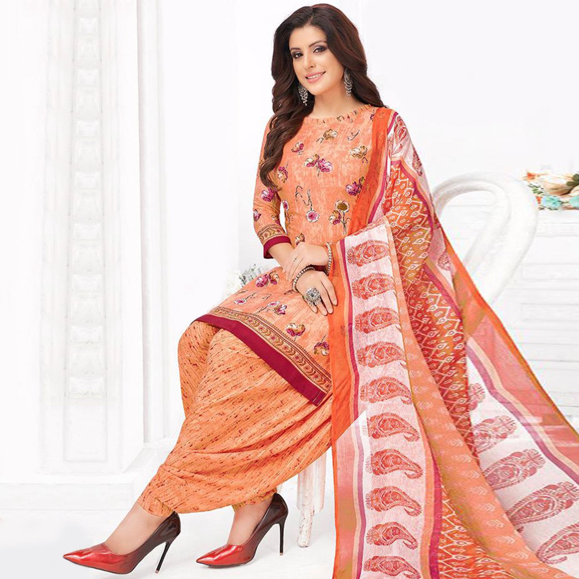 Peach Printed Crepe Patiala Dress Material