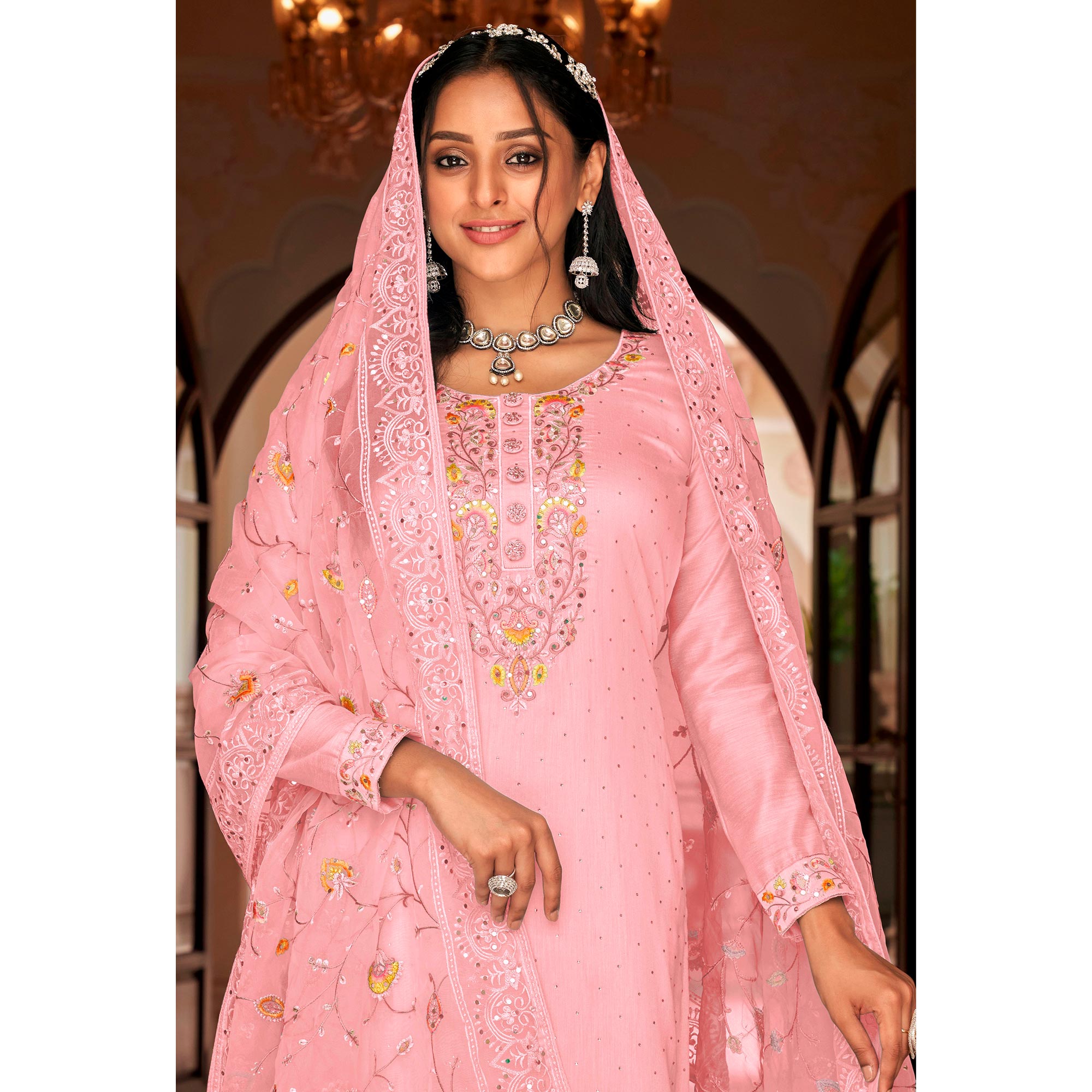 Pink Floral Embroidered Georgette Salwar Suit