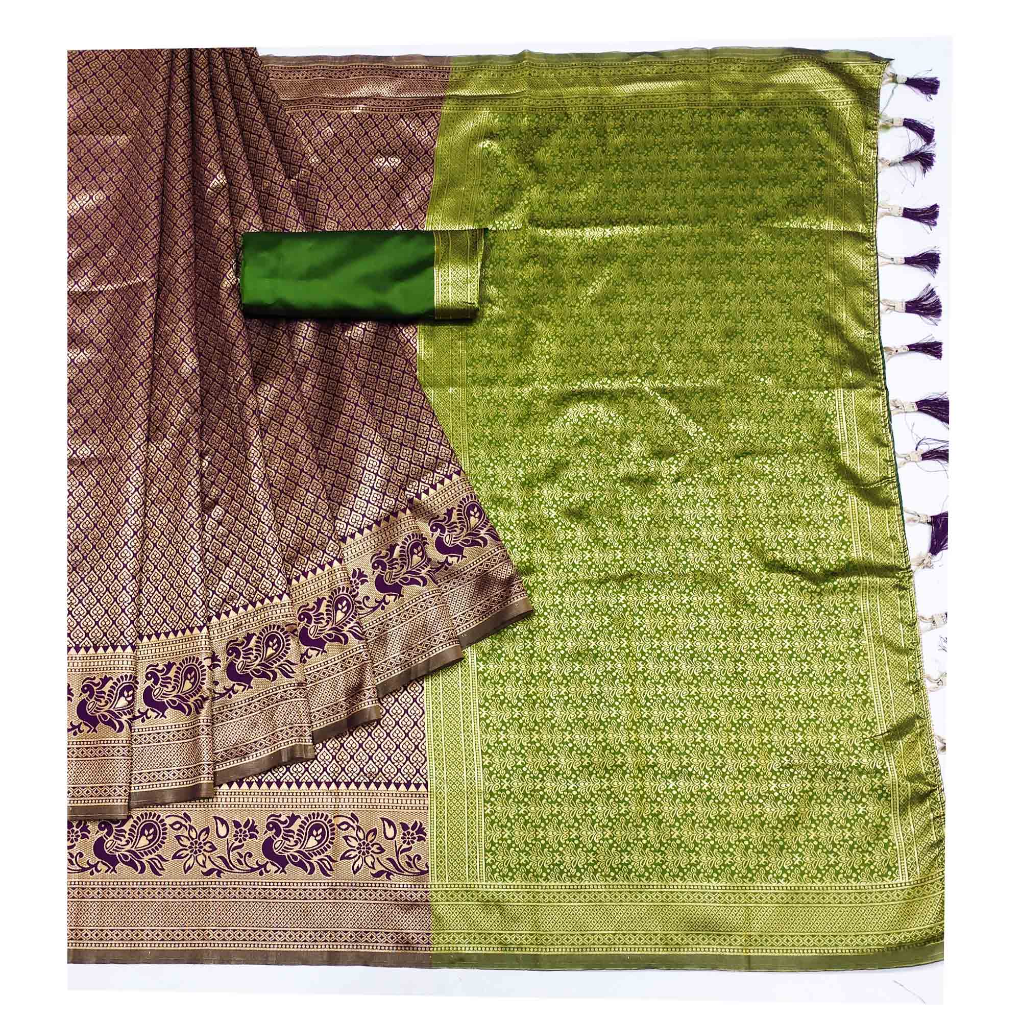 Purple Woven Jacquard Saree With Tassels