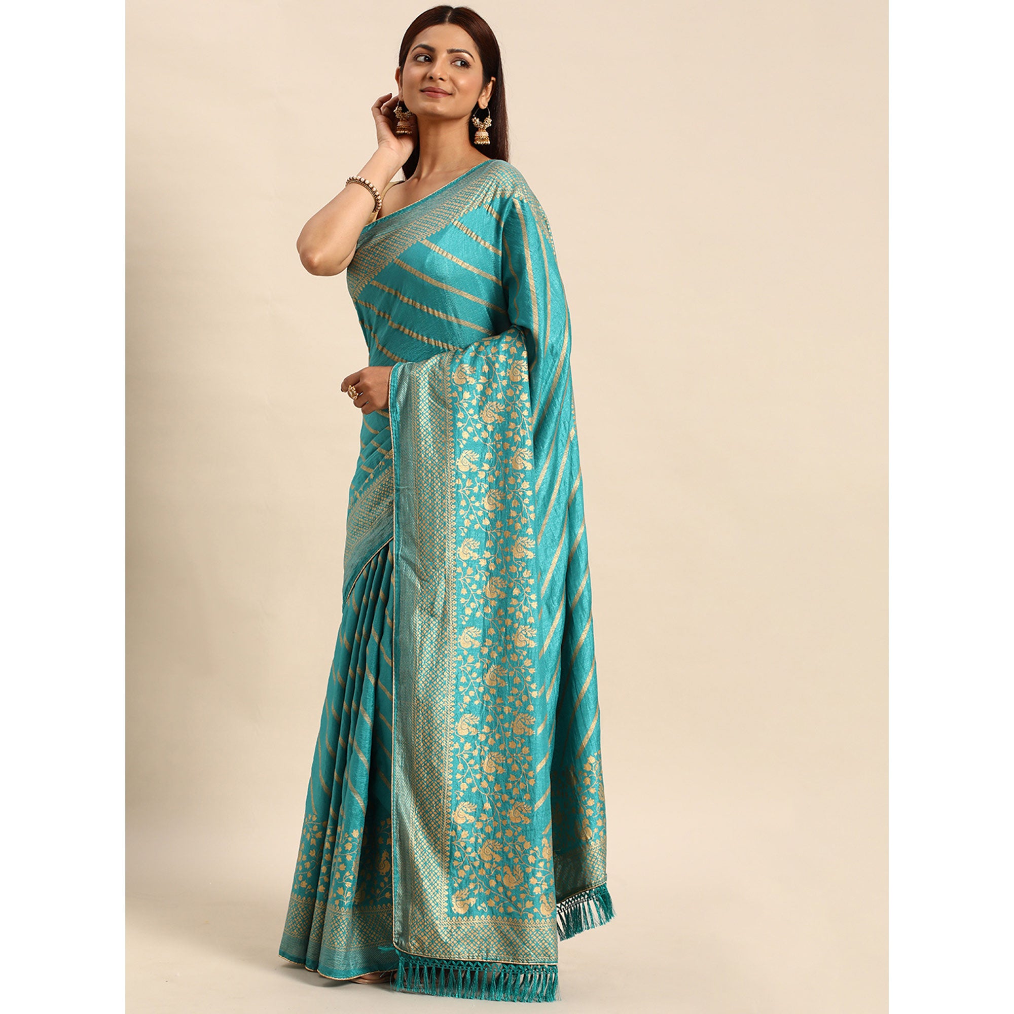 Elegant Blue Vichitra Silk Saree with Golden Zari Stripes and Floral Border
