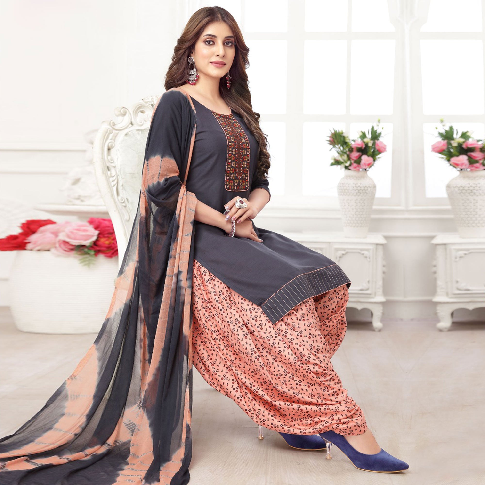 Dark Grey Embroidered Rayon Patiala Suit