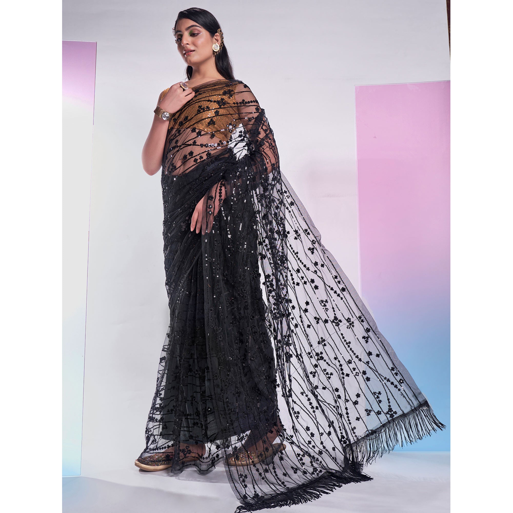 Black Floral Sequins Embroidered Soft Net Saree