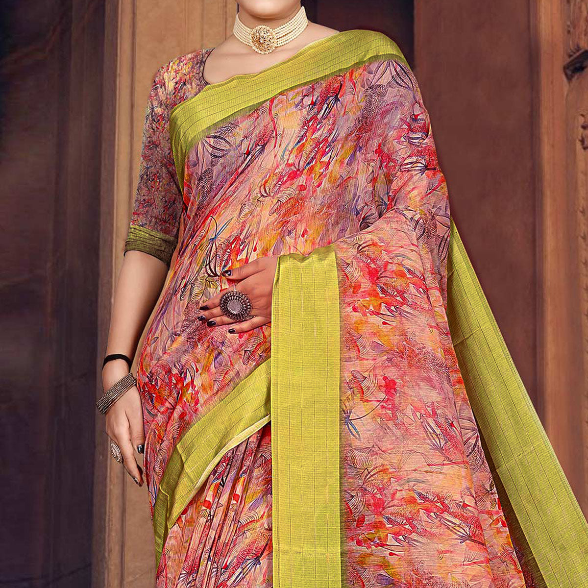 Multicolored Digital Printed Cotton Blend Saree
