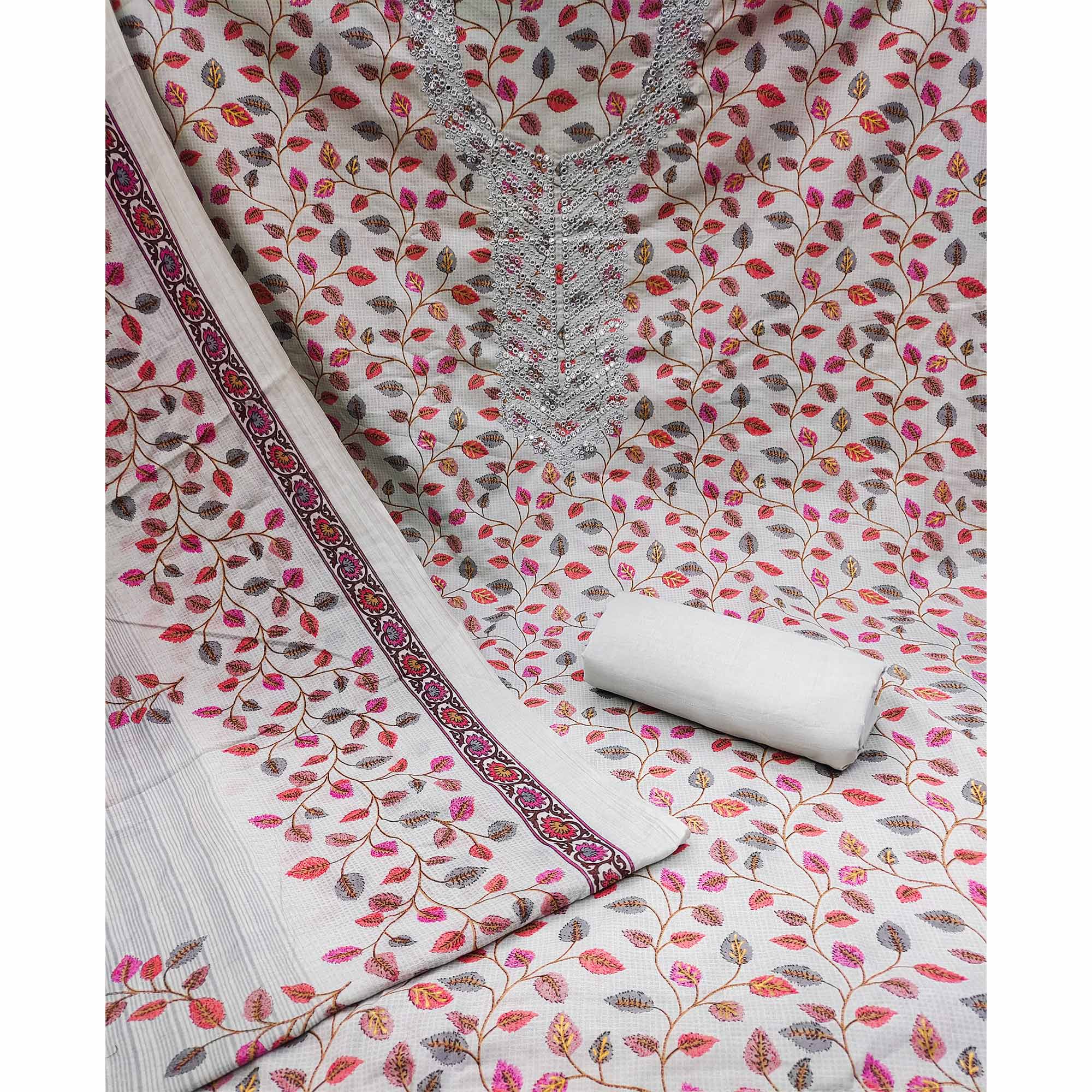 Grey Floral Printed-Mirror Work Pure Cotton Dress Material