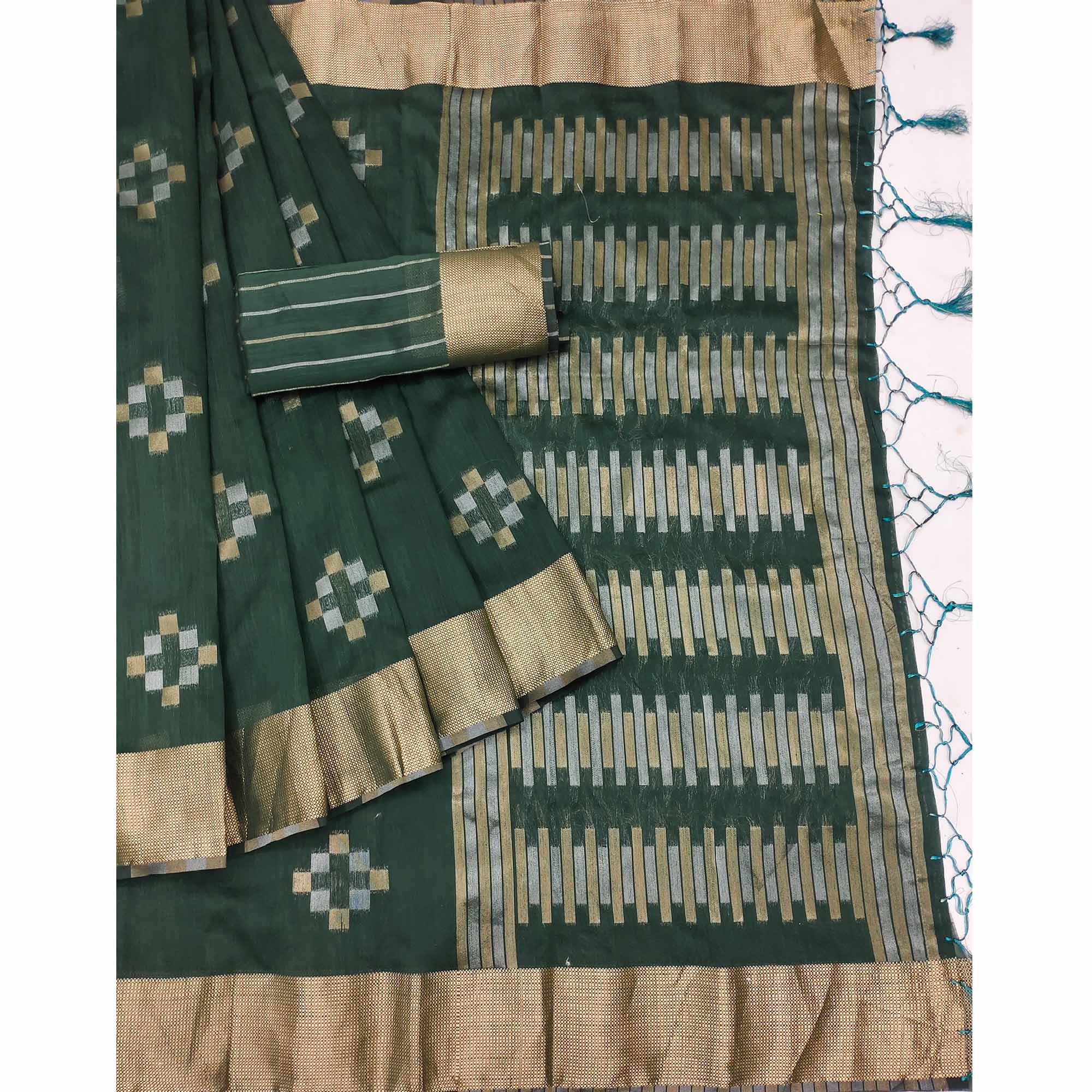 Green Woven Khaadi Saree With Tassels