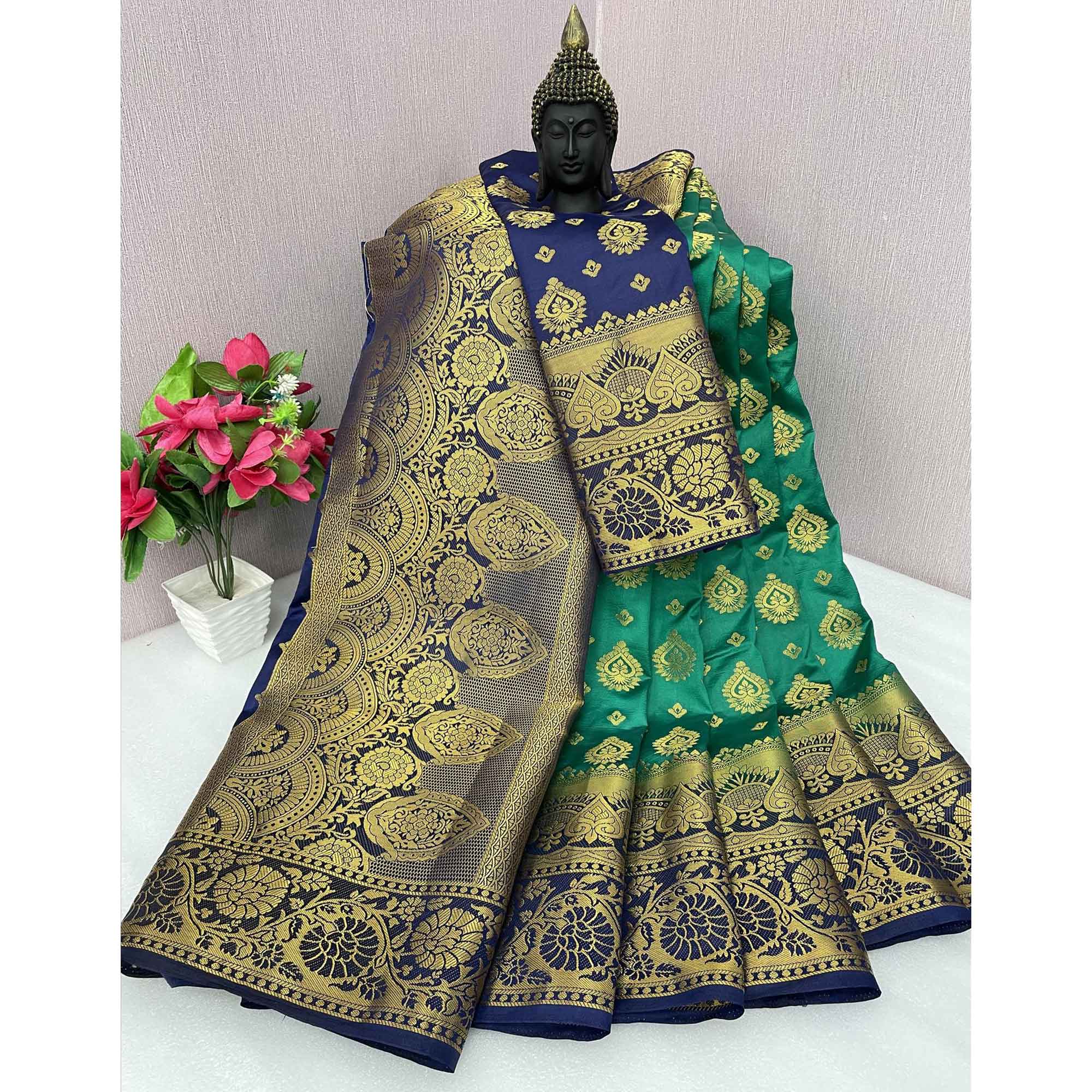 Rama Green Woven Banarasi Silk Saree