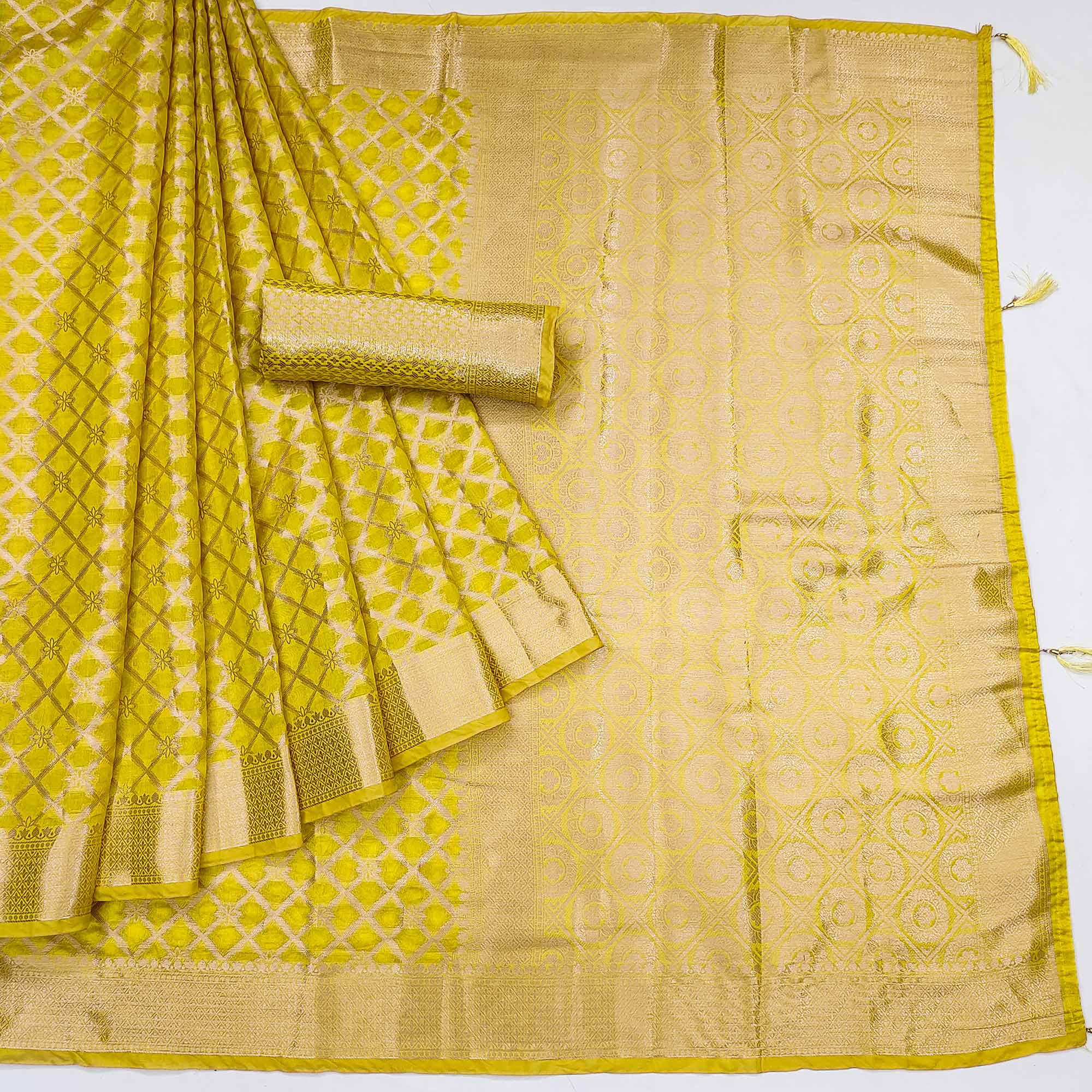 Lemon Yellow Woven Organza Saree