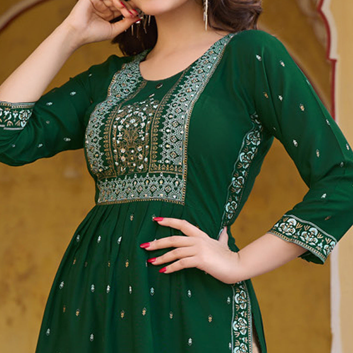 Green Printed Rayon Naira Cut Kurti