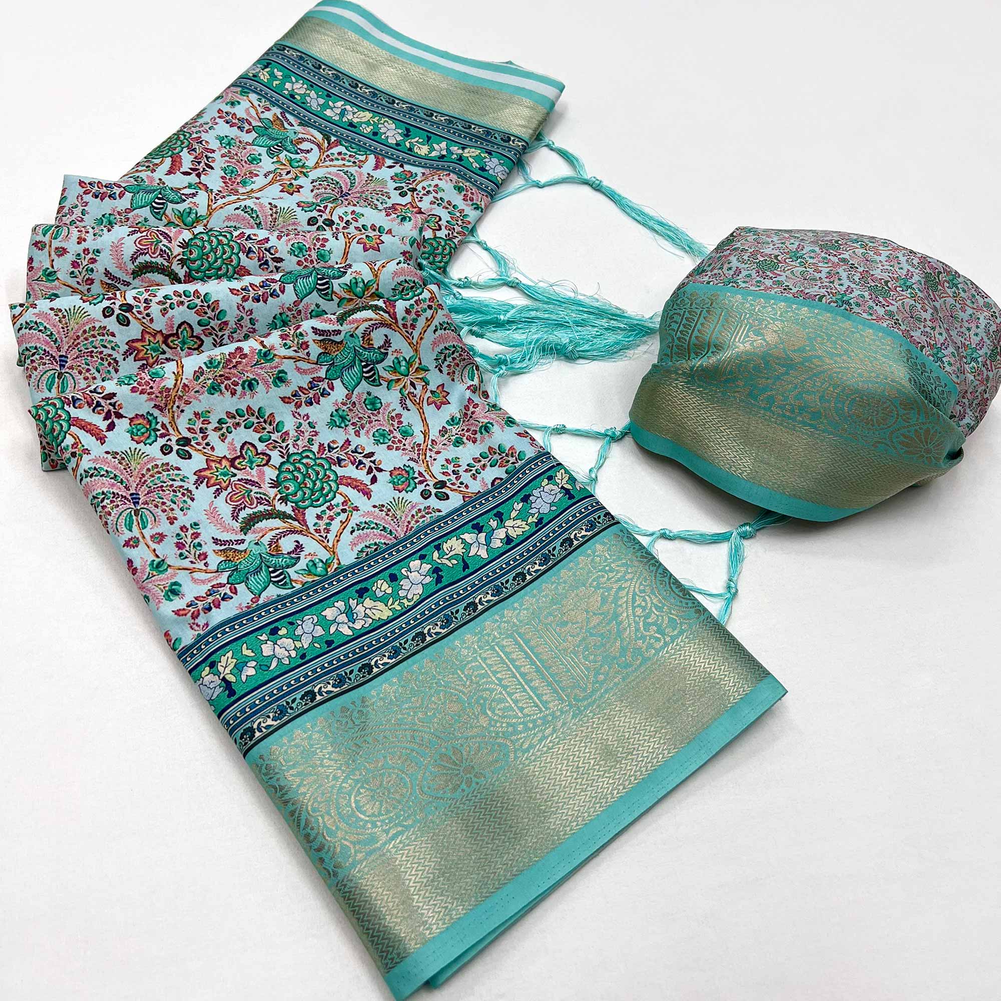 Blue Floral Digital Printed Pure Cotton Saree