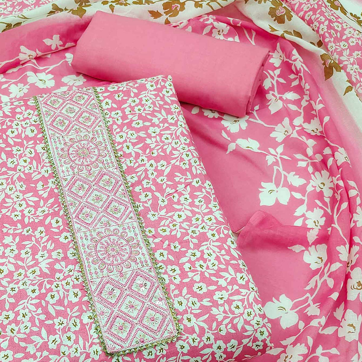 Pink Floral Printed Pure Cotton Dress Material