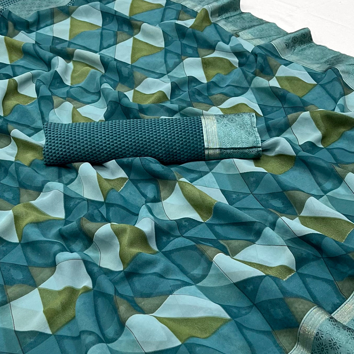 Rama Blue Geometric Printed Georgette Saree