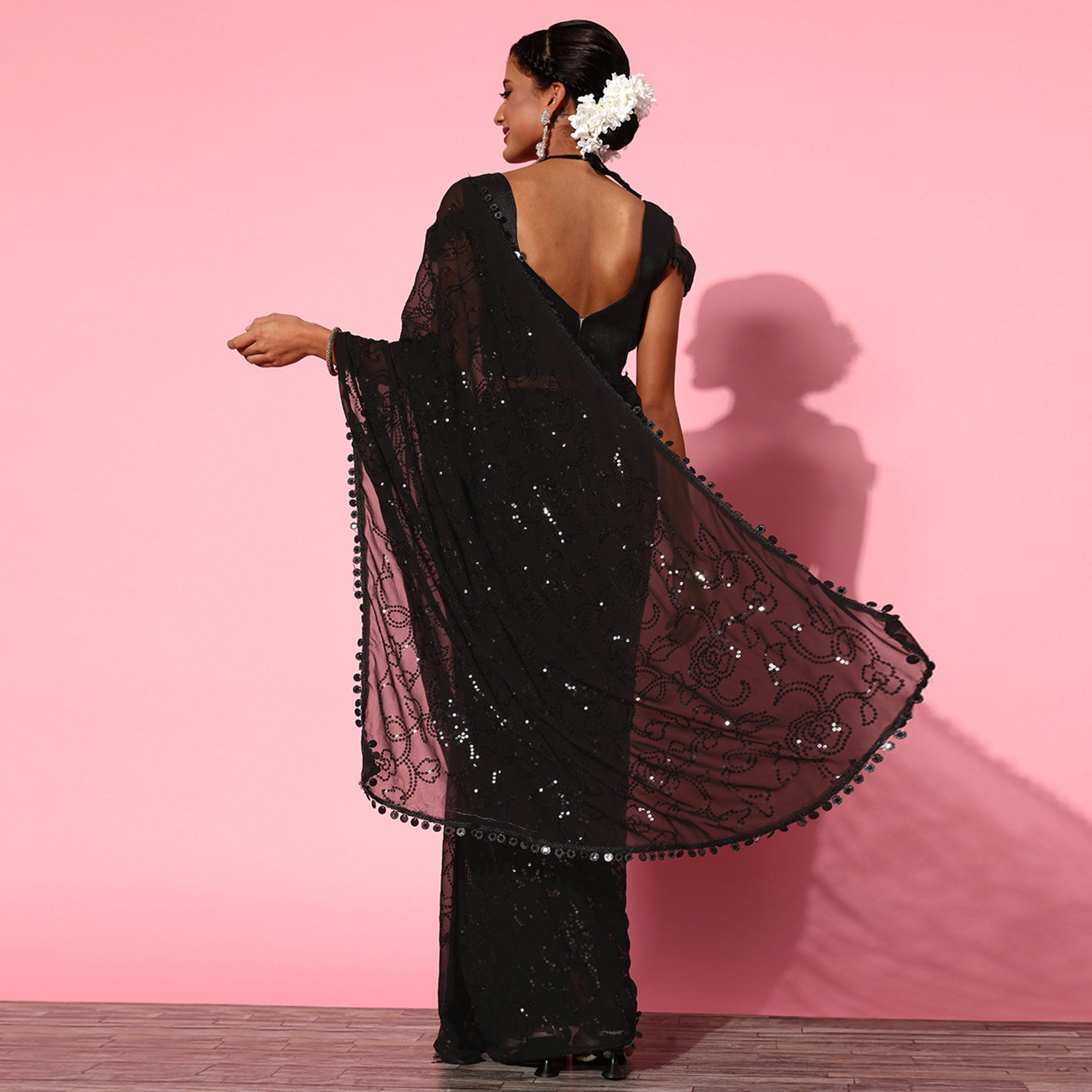Black Sequins Embroidered Georgette Saree