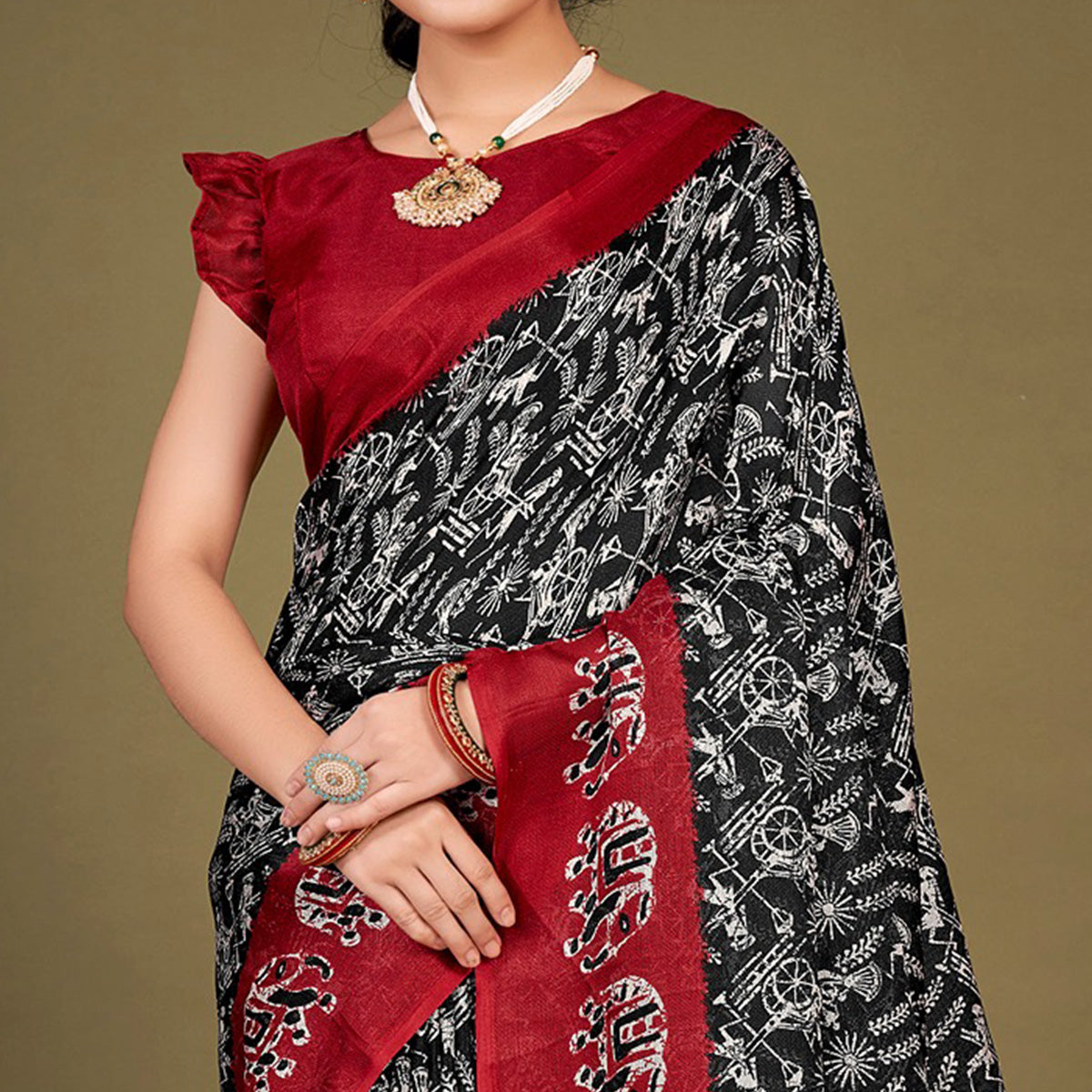 Black Printed Jute Saree With Tassels