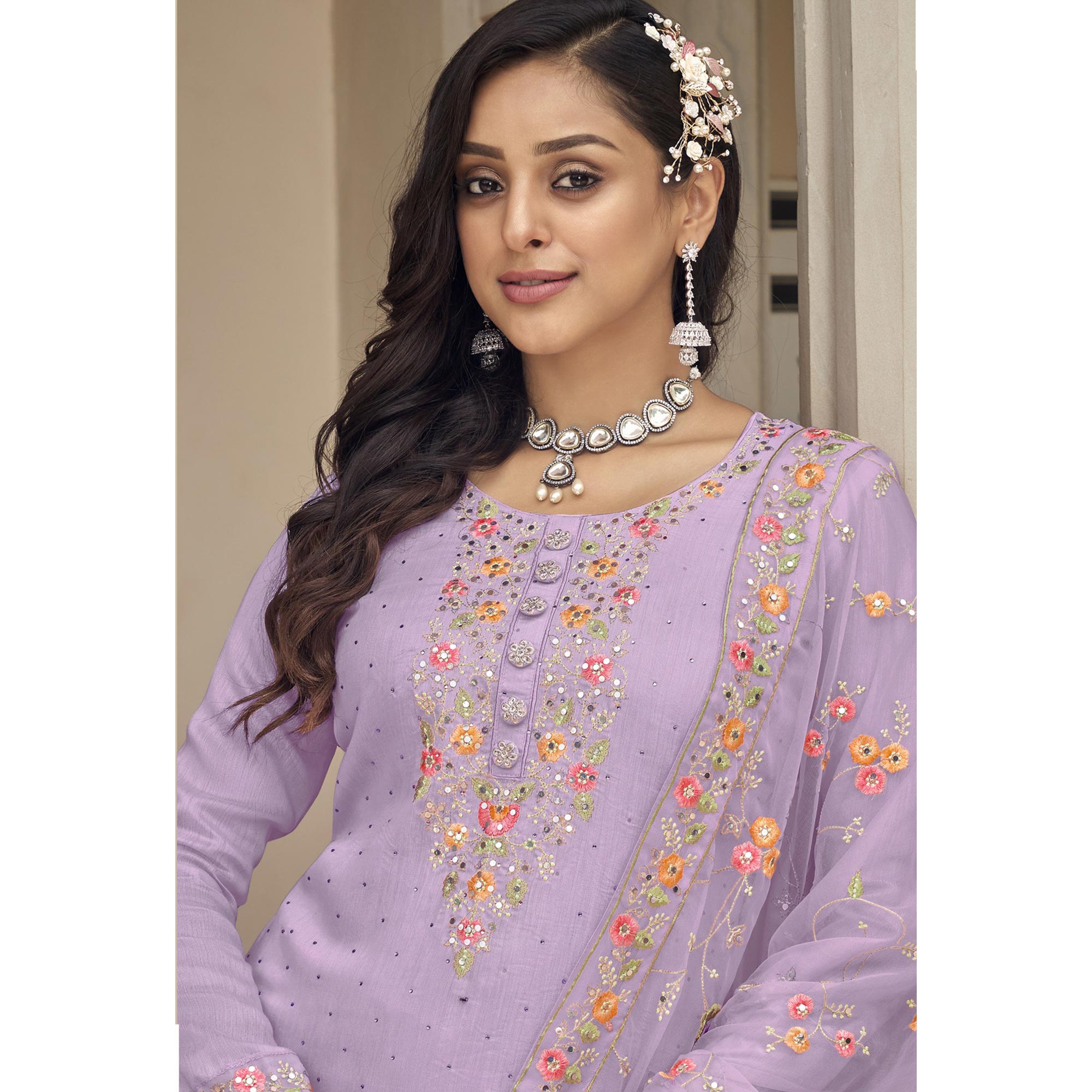 Light Purple Floral Embroidered Georgette Salwar Suit