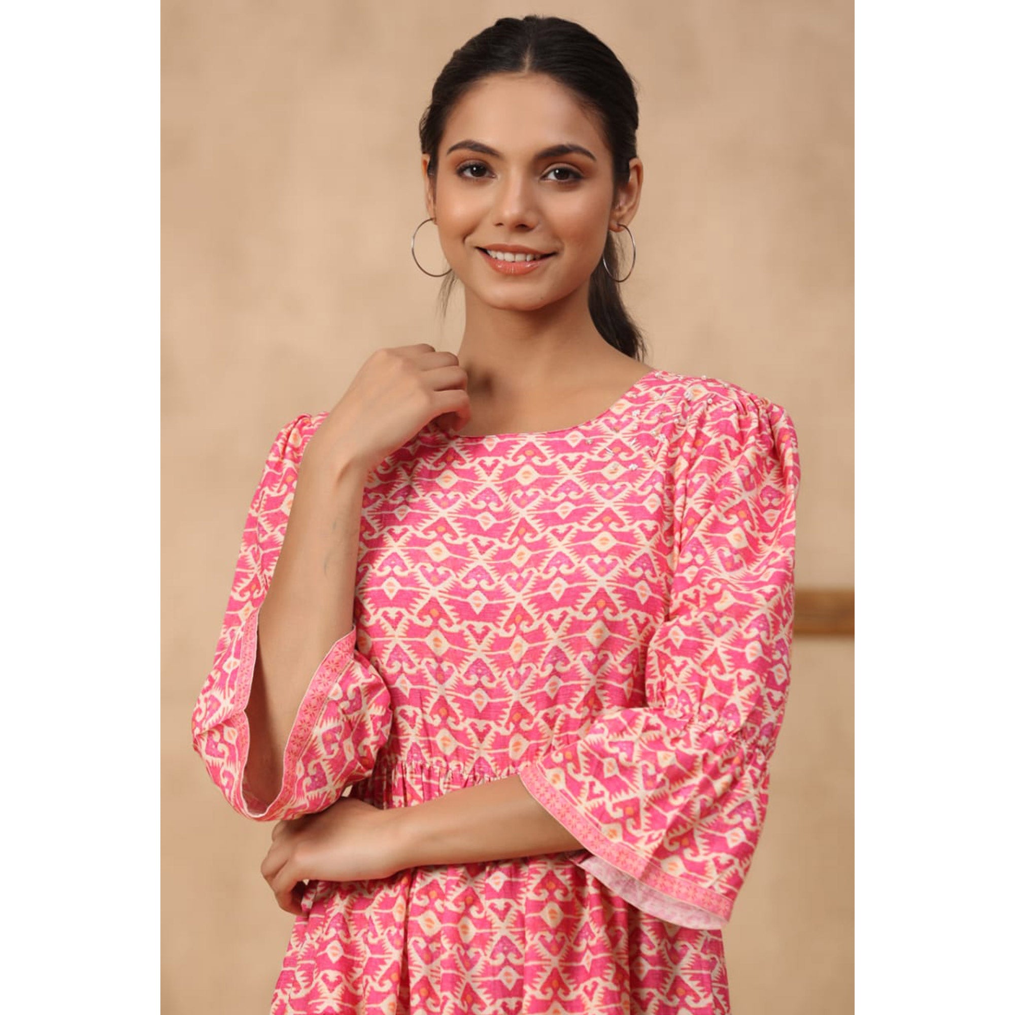 Pink Geometric Printed Rayon Dress