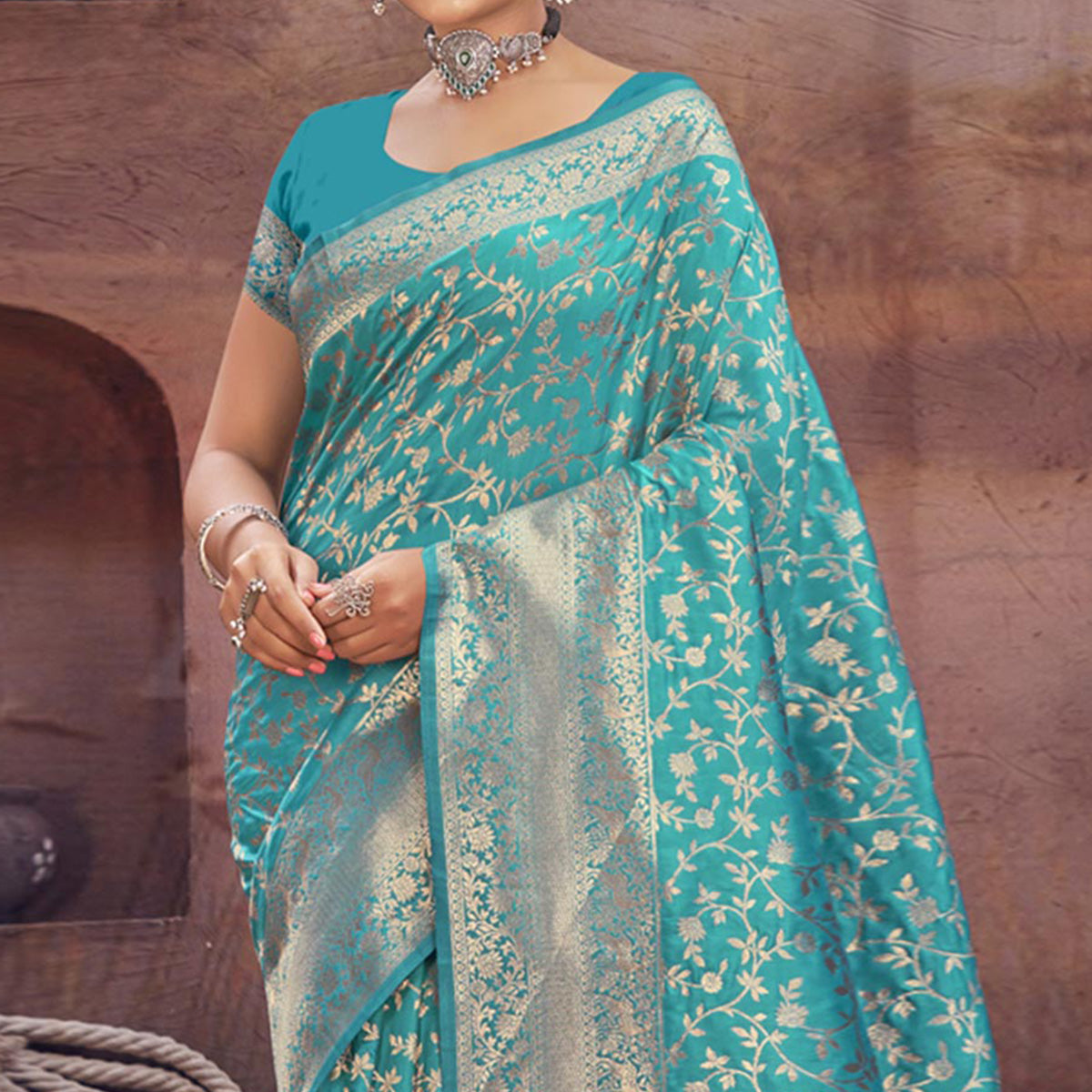 Blue Floral Woven Art Silk Saree
