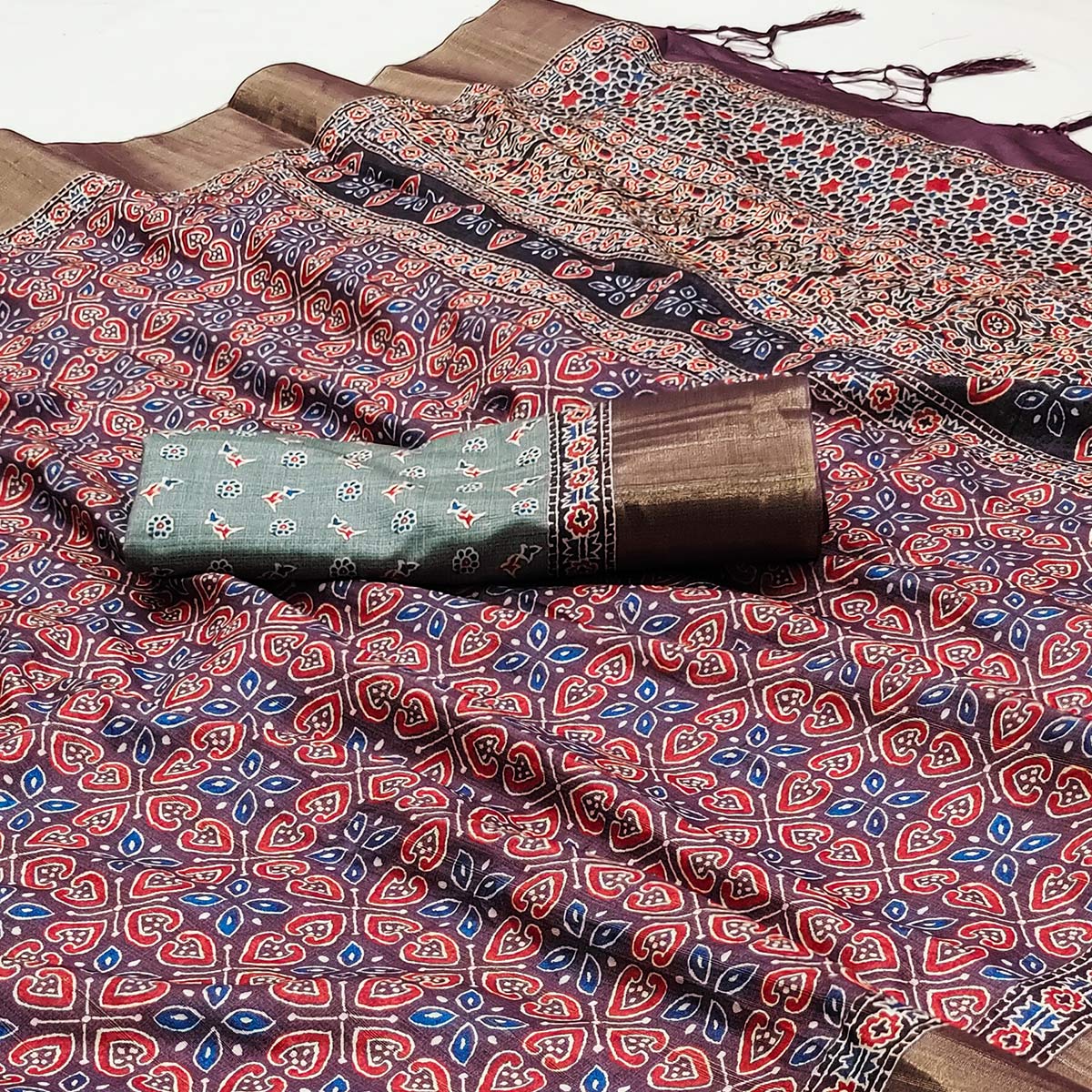 Purple Floral Printed Matka Tussar Saree With Tassels