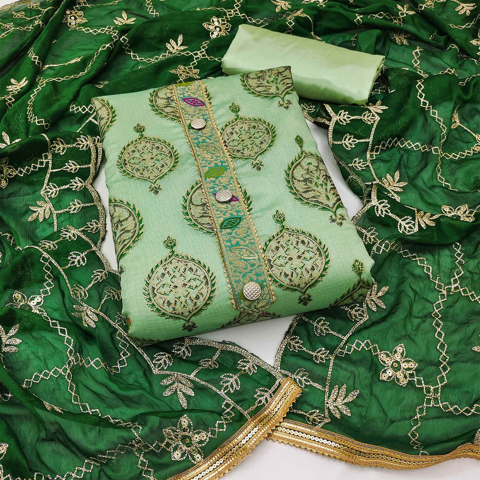 Green Embroidered Chanderi Dress Material