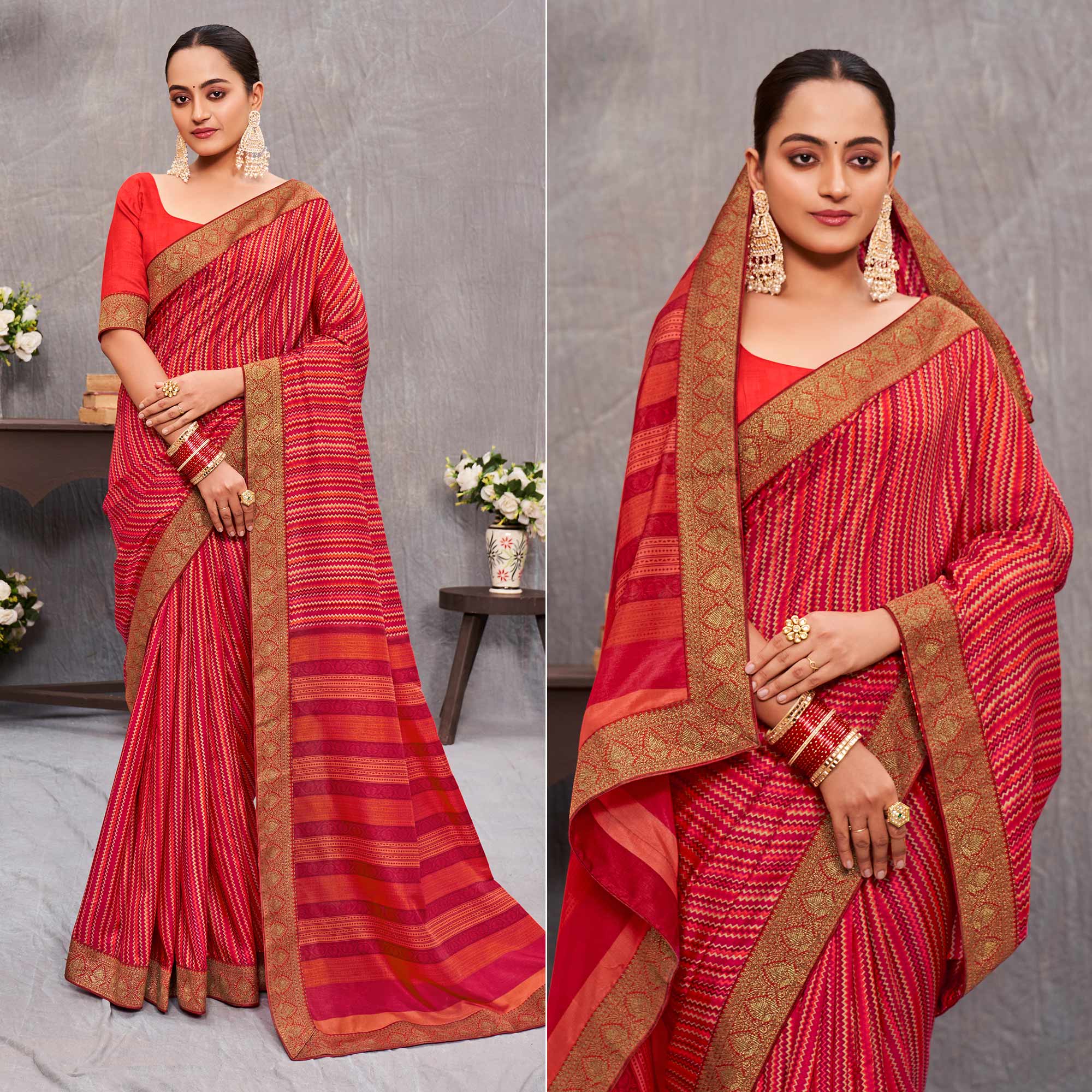 Multicolor Printed With lace Border Tussar Silk Saree